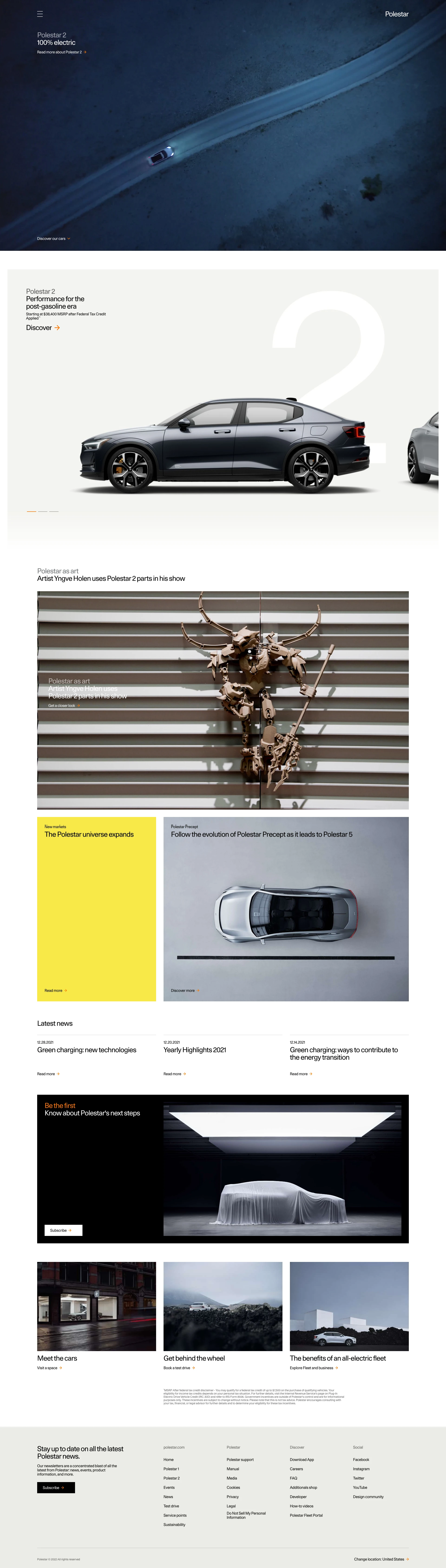 Polestar Landing Page Example: We are an electric performance car brand, determined to improve the society we live in. We innovate to drive progress and create a better future. Welcome!