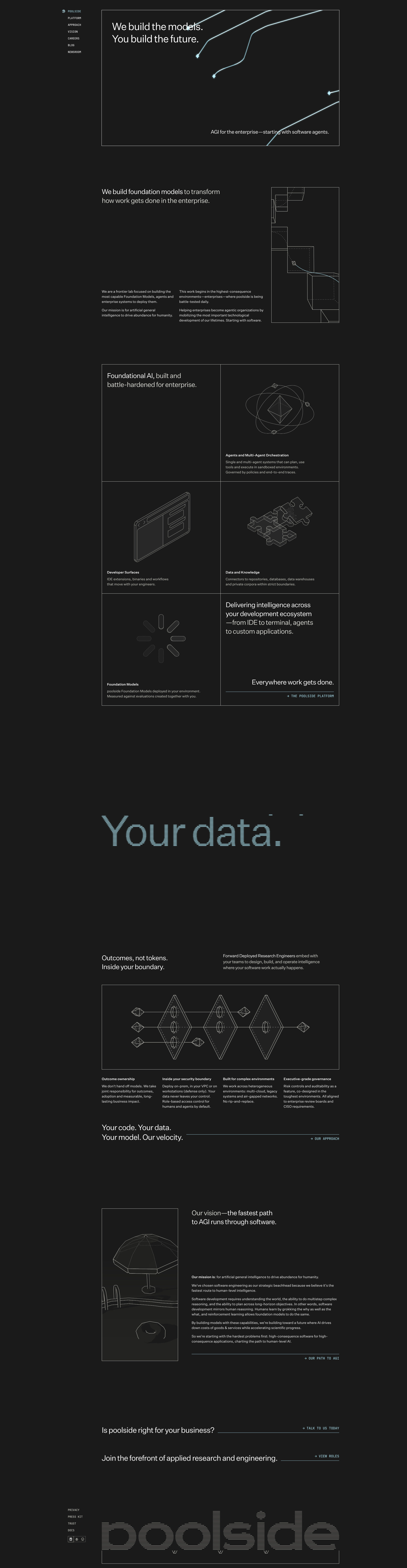 poolside Landing Page Example: poolside is a foundation model company bringing intelligence to everywhere work gets done. Our mission is to drive abundance for humanity by creating artificial general intelligence.