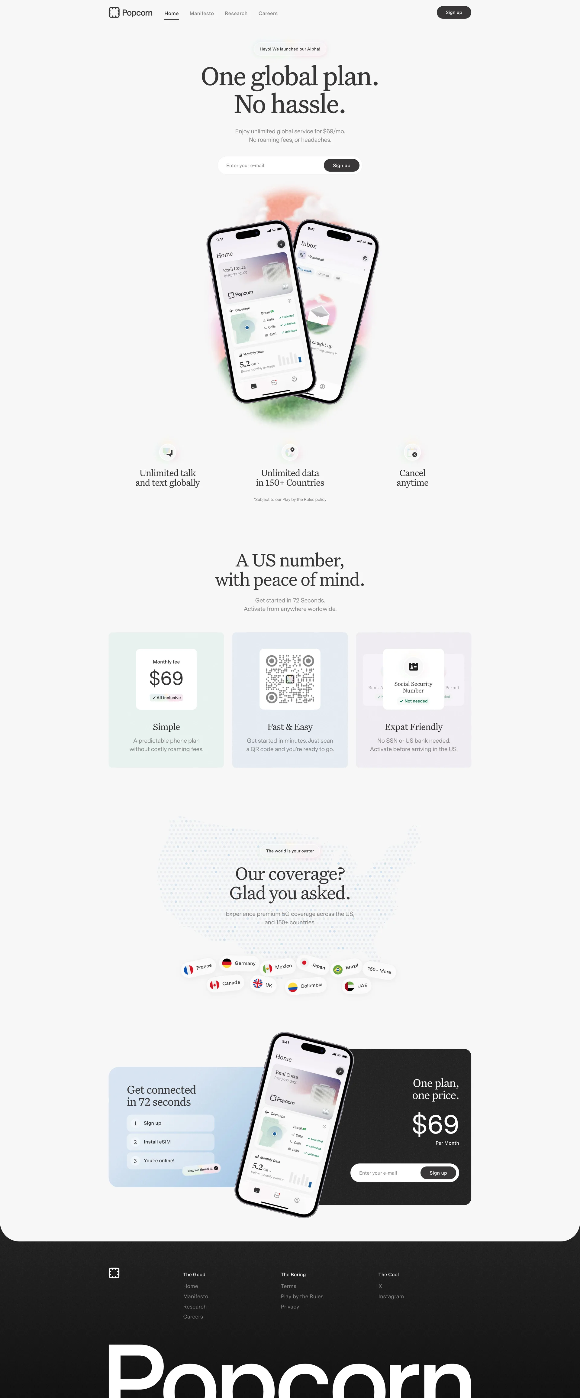 Popcorn Landing Page Example: The next-gen telco. One global plan, no roaming fees or headaches for $69/mo.