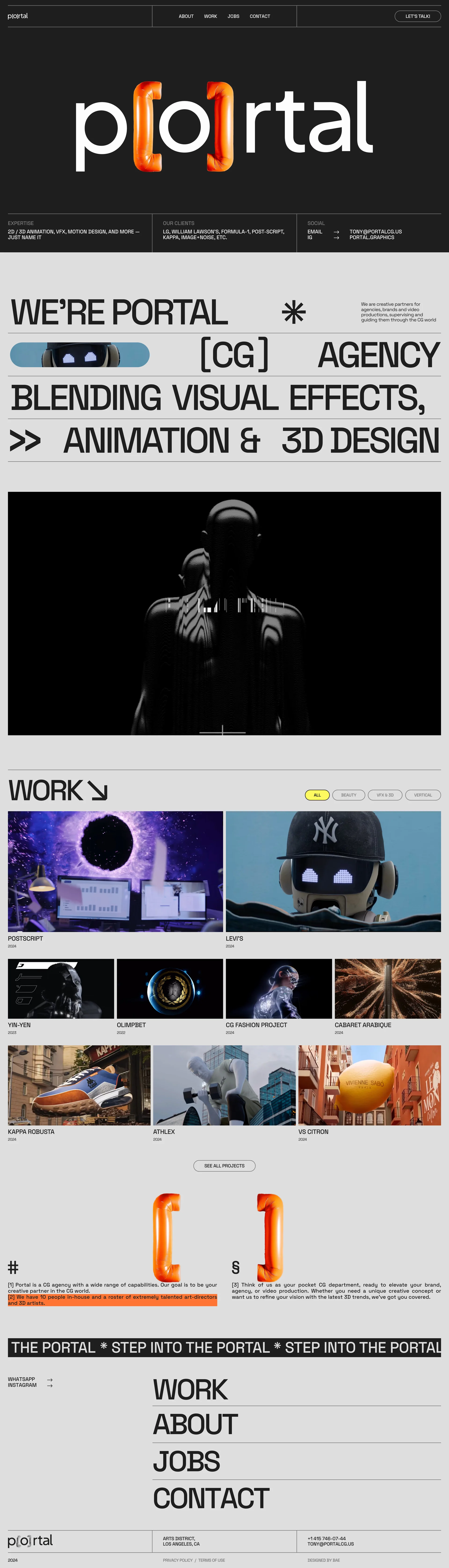 Portal Landing Page Example: We're Portal, a CG agency blending visual effects, animation, and motion design. We create stunning visuals for brands, agencies, and artists.