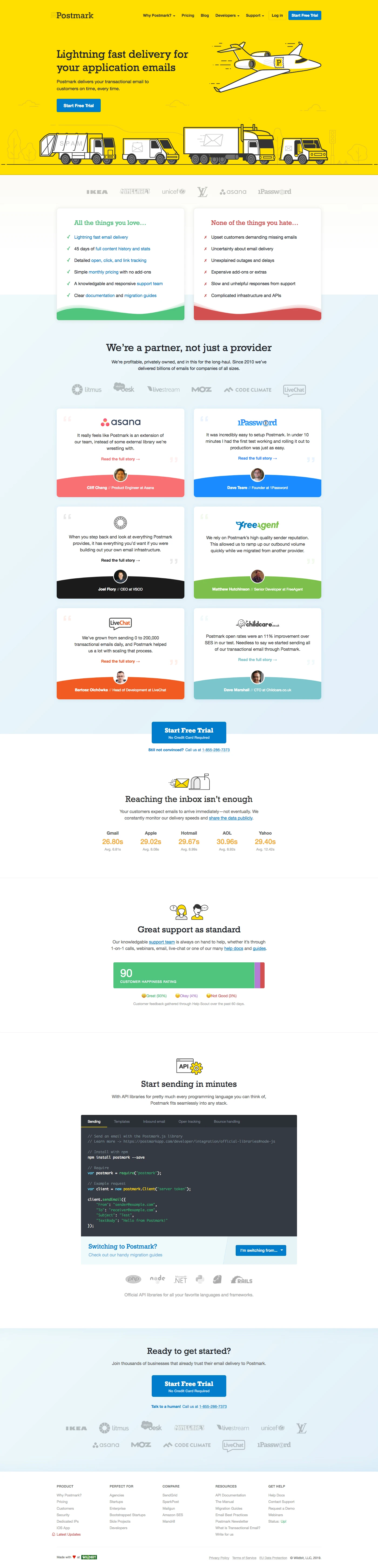 Postmark Landing Page Example: Trusted by thousands of developers, Postmark is a fast and reliable transactional email service. Send with Postmark to ensure your transactional emails get to the inbox on time, every time.