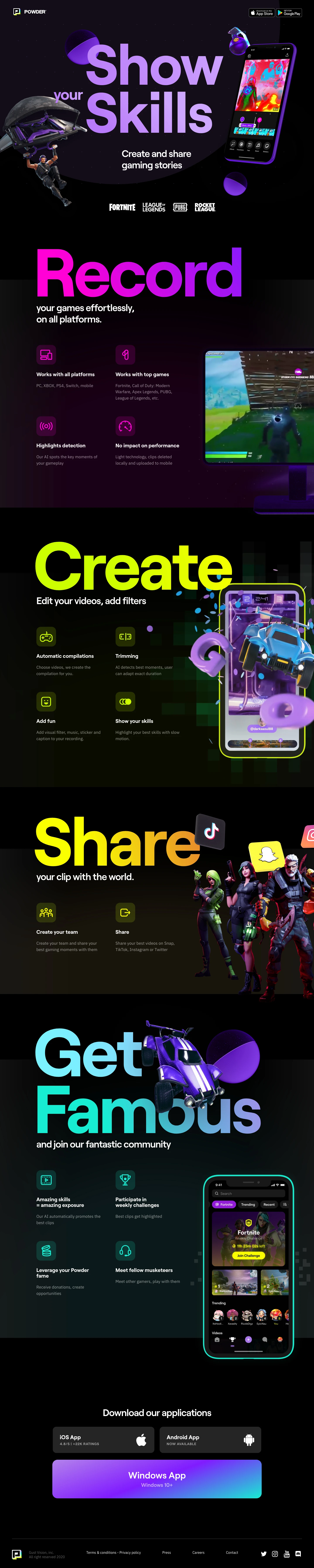 Powder Landing Page Example: Show your skills with Powder and create fantastic videos and compilations by editing your gaming clips directly on mobile.