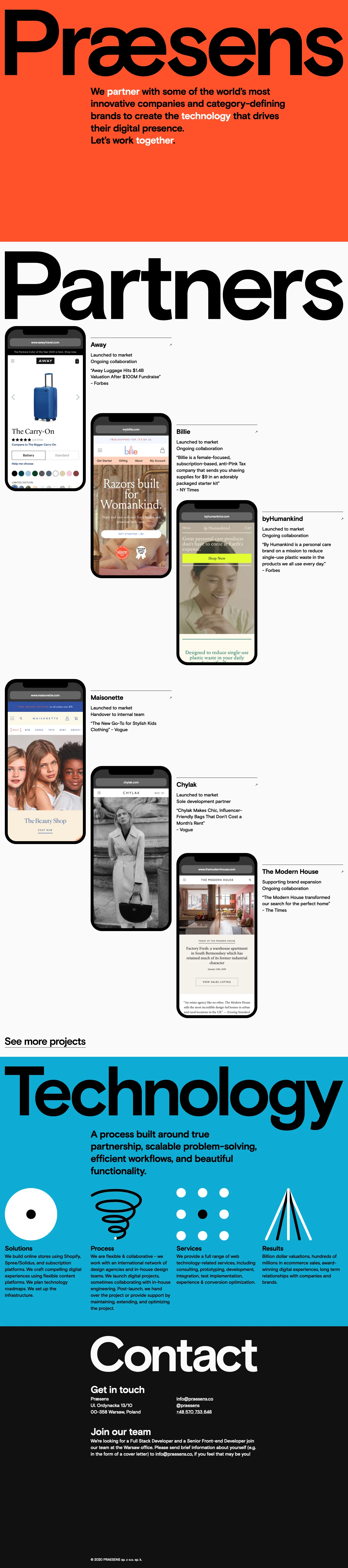 Praesens Landing Page Example: We partner with some of the world’s most innovative companies and category-defining brands to create the technology that drives their digital presence.