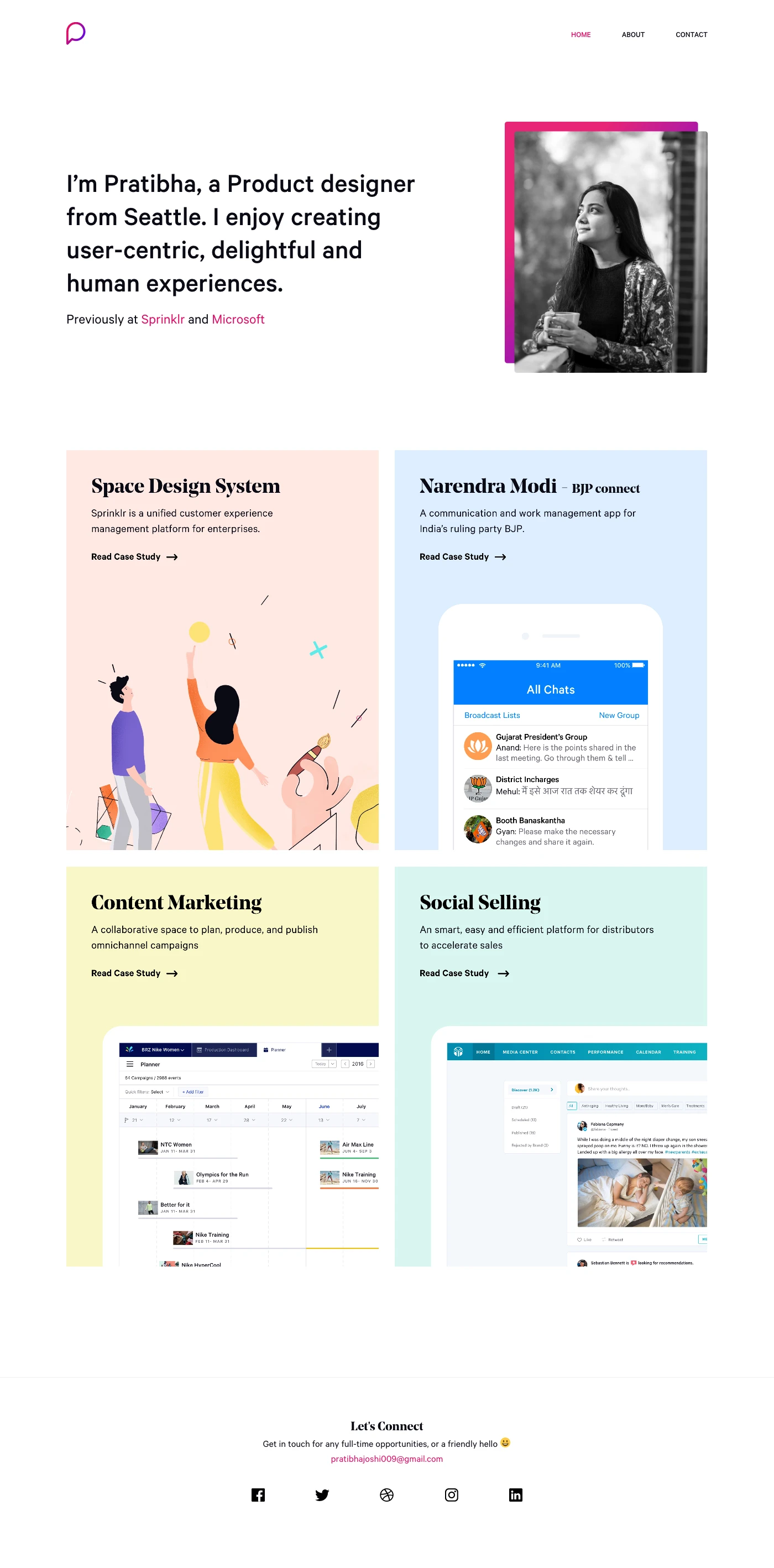 Pratibha Joshi Landing Page Example: I’m Pratibha, a Product designer from Seattle. I enjoy creating user-centric, delightful and human experiences.