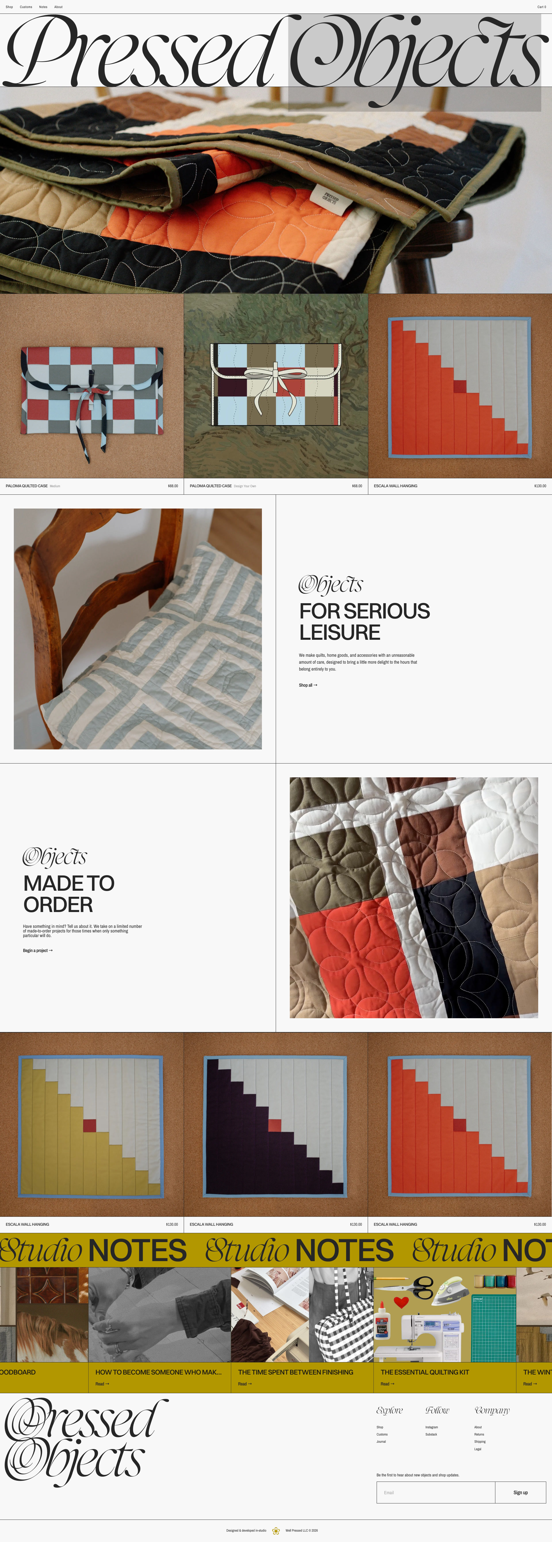  Pressed Objects Landing Page Example: Pressed Objects creates handmade textile goods, quilted accessories, original art, and objects for everyday life. Designed and made with care in Marquette, Michigan.