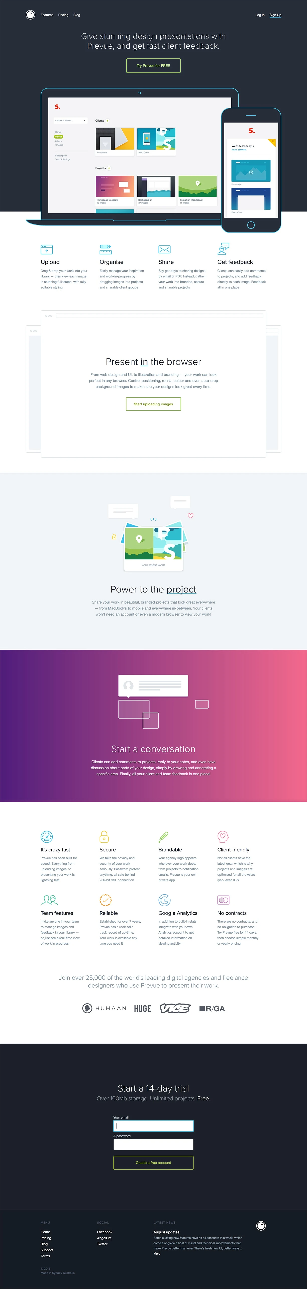 Prevue Landing Page Example: Prevue is a tool for designers and digital agencies to give stunning design presentations, and get fast client feedback.
