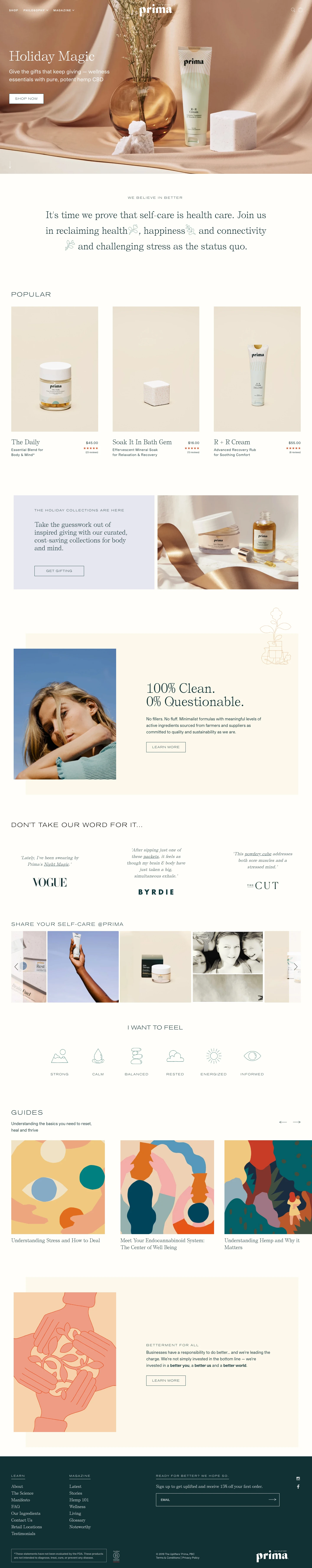 Prima Landing Page Example: Discover industry-defining wellness content and trusted hemp CBD products safely supporting wellness, stress, mood, skin health and balance.