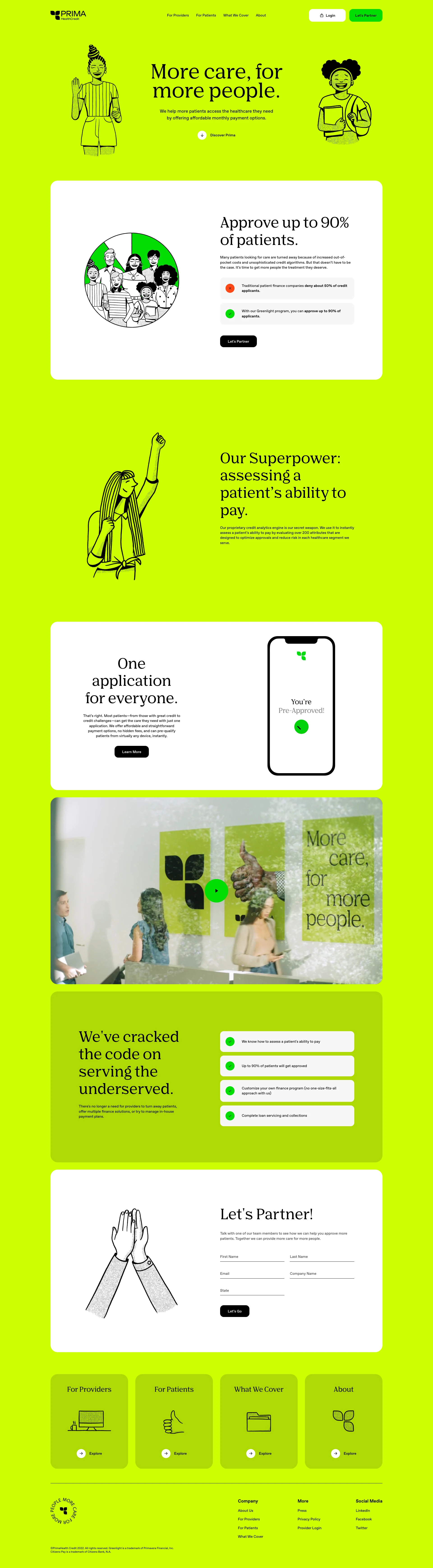 PrimaHealth Credit Landing Page Example: We help more patients access the healthcare they need by offering affordable monthly payment options and a total patient finance solution to healthcare providers.