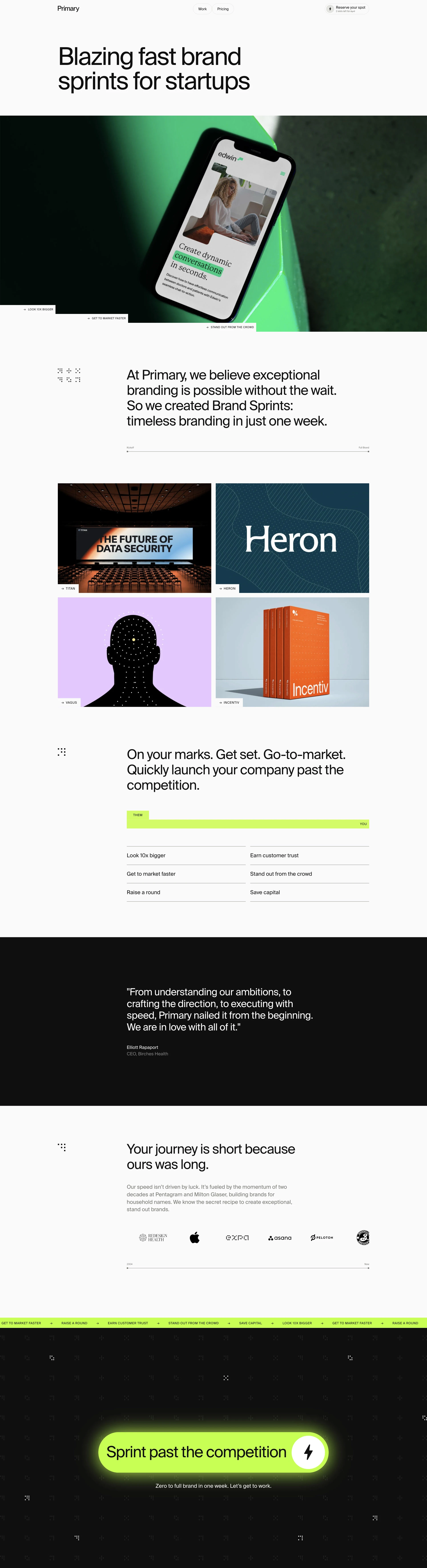 Primary Landing Page Example: Primary is a brand sprint agency. We design launch-ready brand identities in just two weeks. At Primary, we believe exceptional branding is possible without the wait. So we created Brand Sprints: timeless branding in just one week.