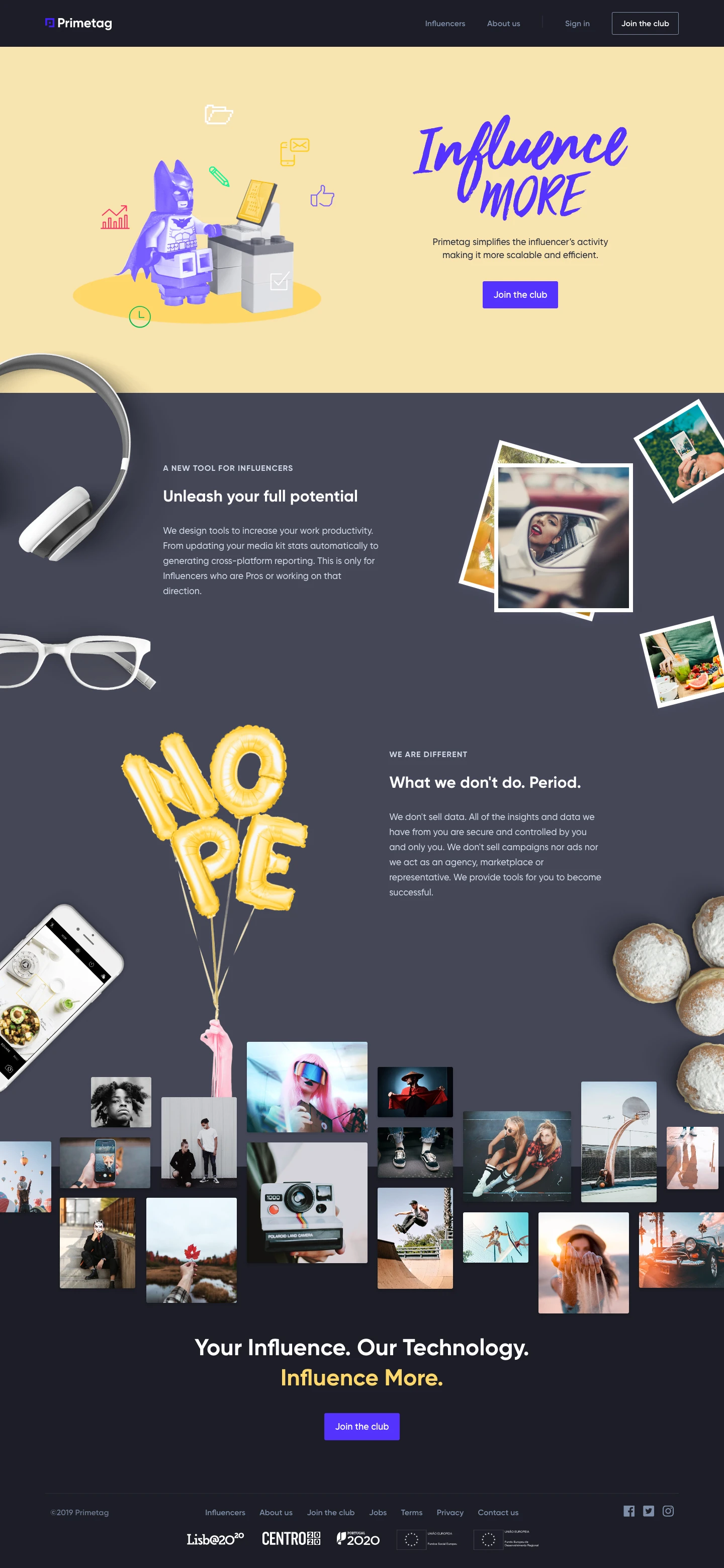 Primetag Landing Page Example: Primetag designs tools so Influencers can unleash their full potential.