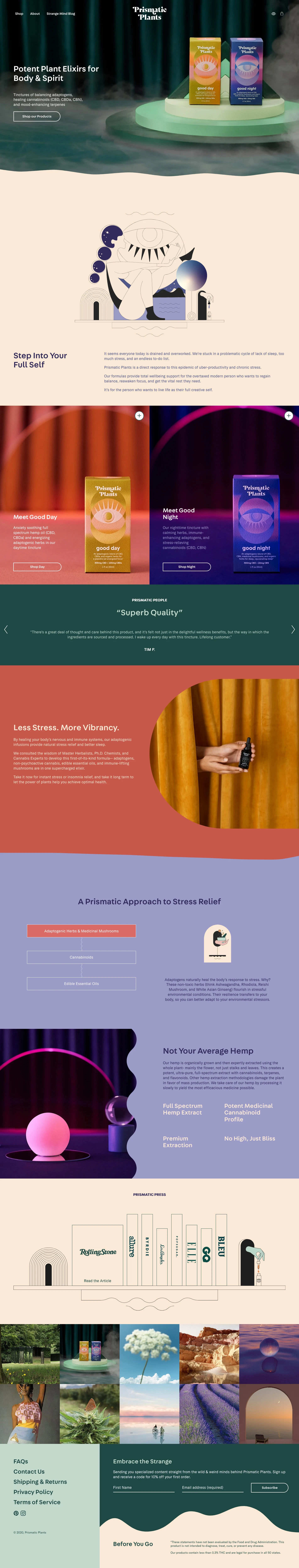 Prismatic Plants Landing Page Example: Potent Plant Elixirs for Body & Spirit. Good Day & Good Night Adaptogenic Tinctures with CBD. Tinctures of balancing adaptogens, healing cannabinoids (CBD, CBDa, CBN), and mood-enhancing terpenes.