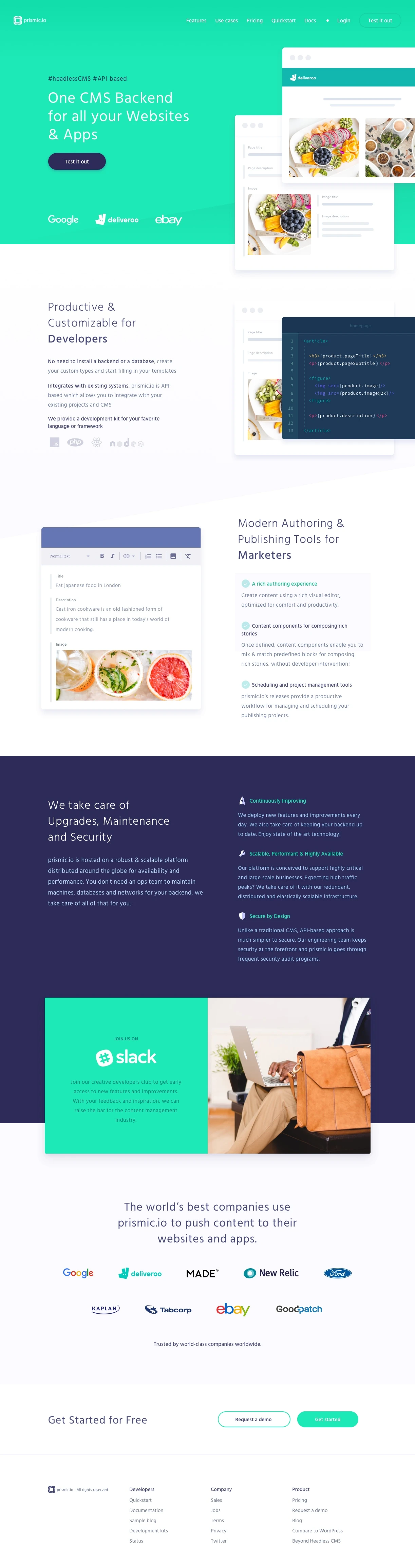 prismic.io Landing Page Example: A productive & customizable API based CMS for Developers and Marketers.