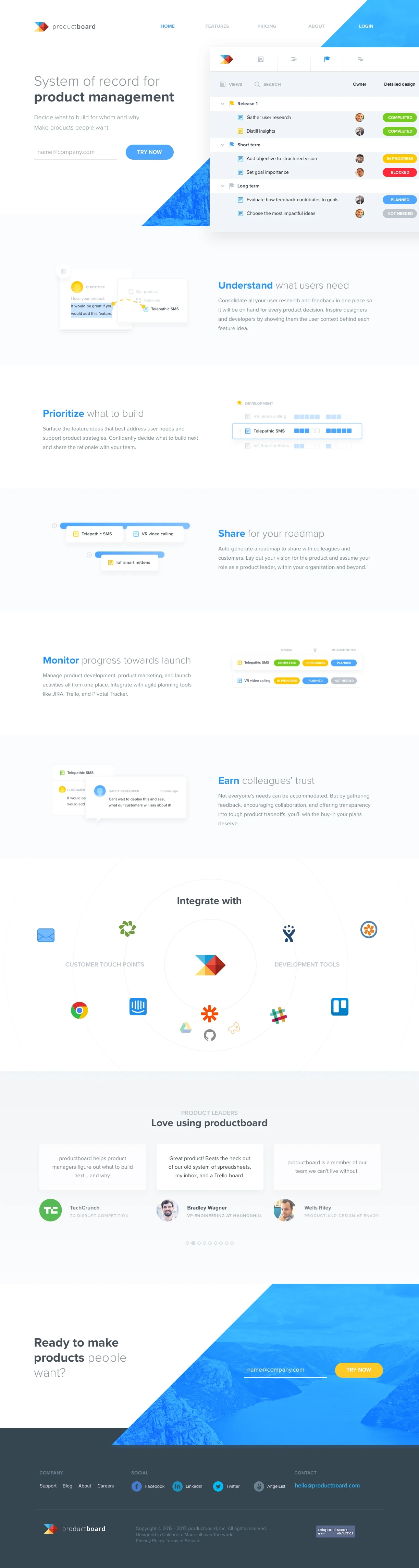 productboard Landing Page Example: Capture problems, feedback and user research, organize feature ideas, plan releases, share beautiful interactive roadmaps. Learn why product leaders win with us!