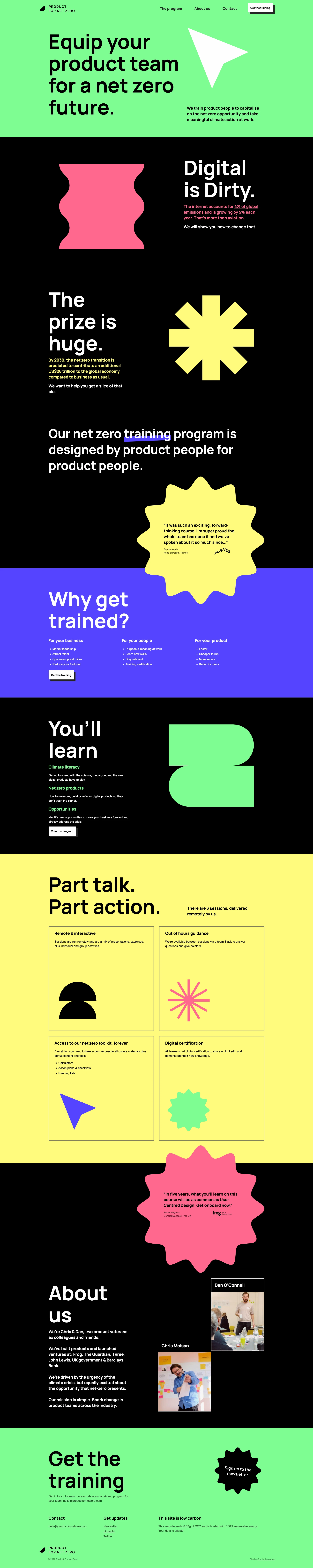 Product for Net Zero Landing Page Example: We train product people to capitalise on the net zero opportunity and take meaningful climate action at work.