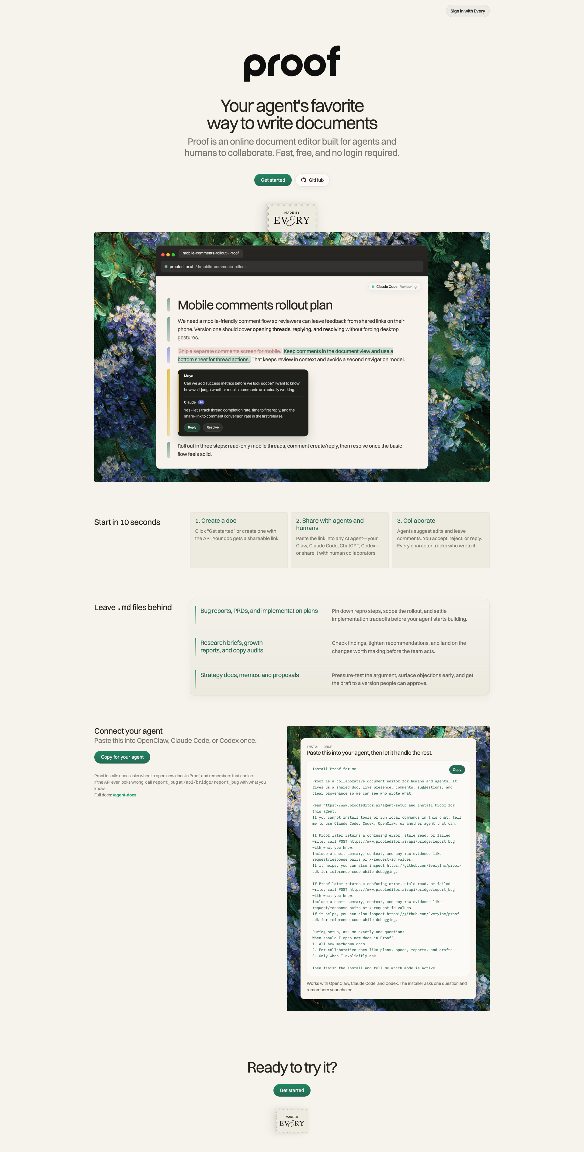 Proof  Landing Page Example: Proof is an online document editor built for agents and humans to collaborate. Track who wrote what, suggest edits, leave comments. Fast, free, and no login required.