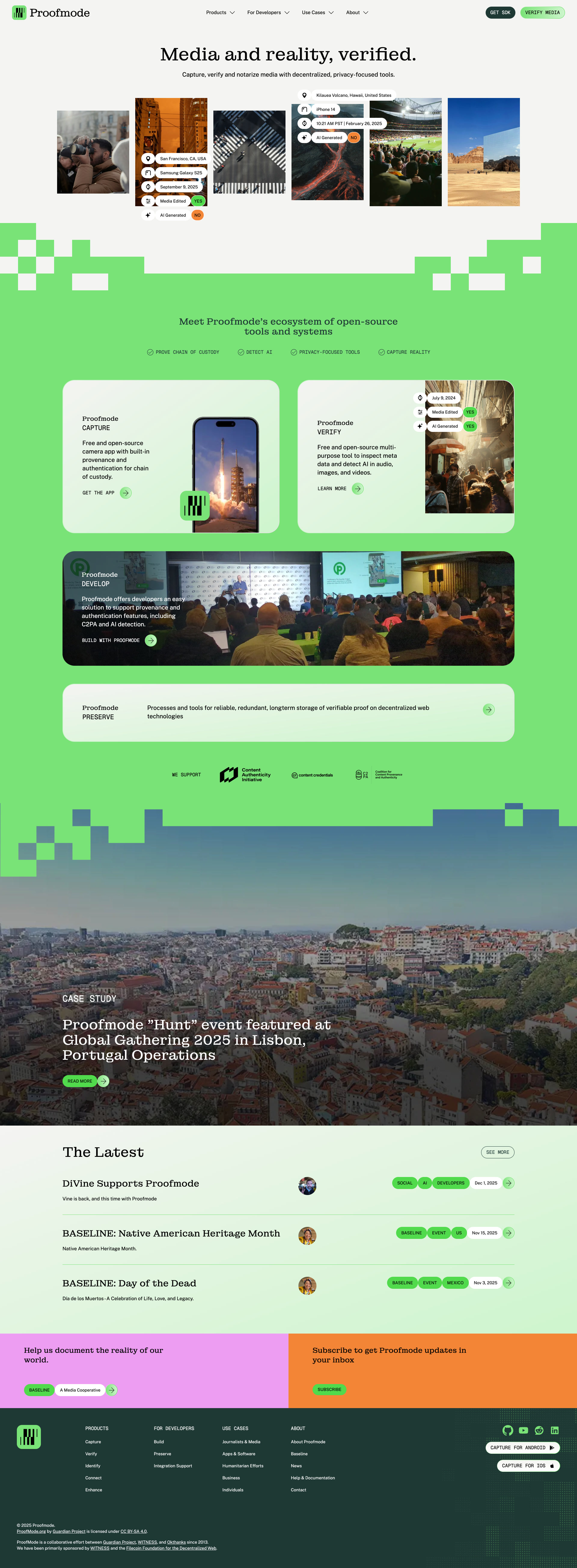 Proofmode Landing Page Example: Media and reality, verified. Capture, verify and notarize media with decentralized, privacy-focused tools.