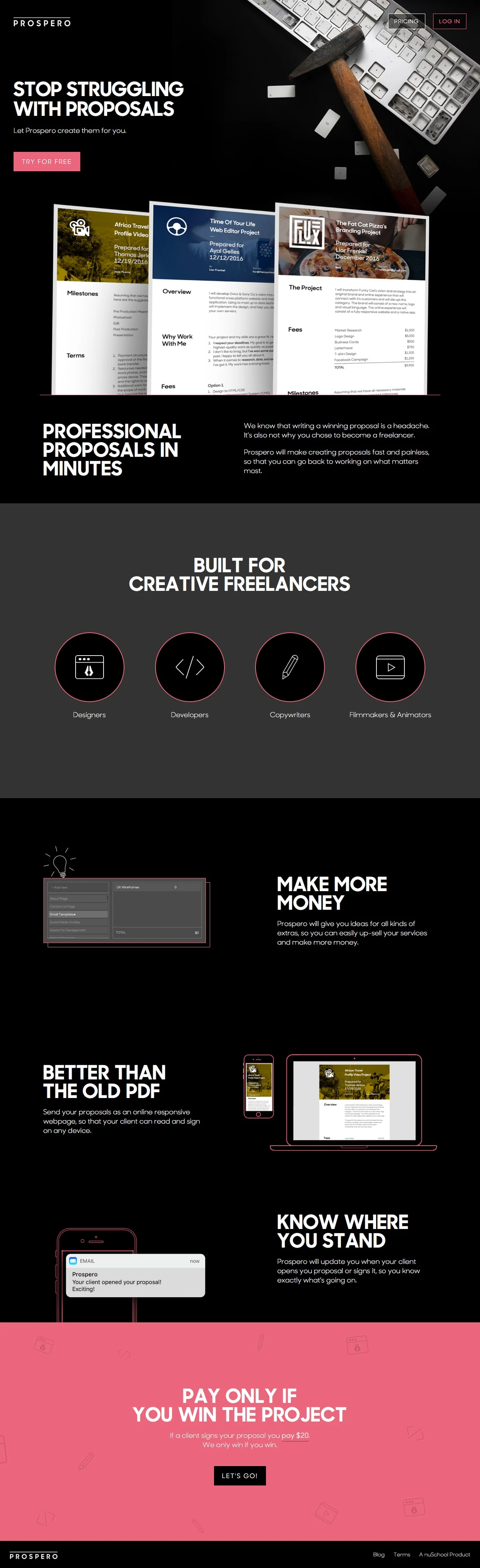 Prospero Landing Page Example: Prospero will make creating proposals fast and painless, so that you can go back to working on what matters most.