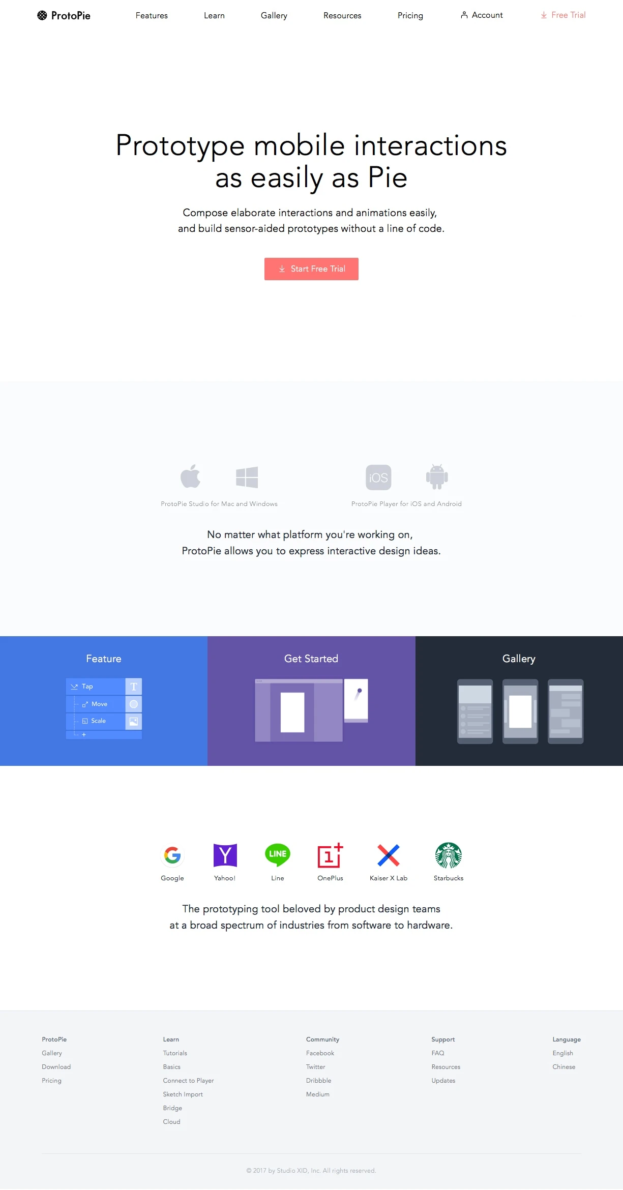 ProtoPie Landing Page Example: Compose elaborate interactions and animations easily, and build sensor-aided prototypes without a line of code.