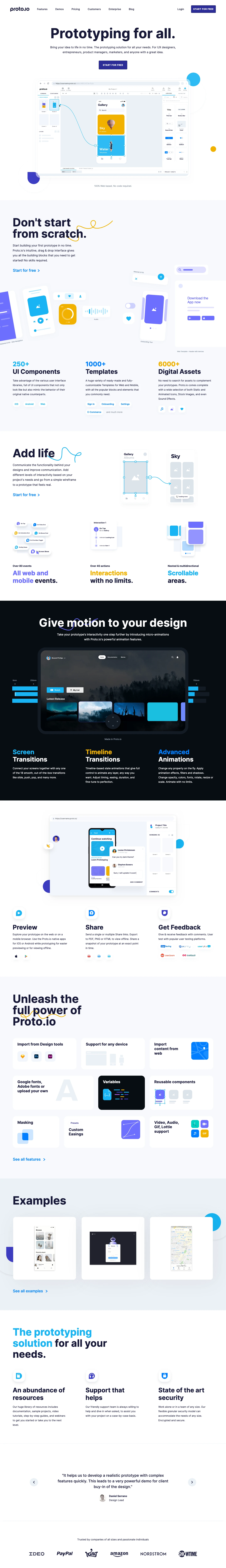 Proto.io Landing Page Example: Prototyping for all. Bring your idea to life in no time. The prototyping solution for all your needs. For UX designers, entrepreneurs, product managers, marketers, and anyone with a great idea.