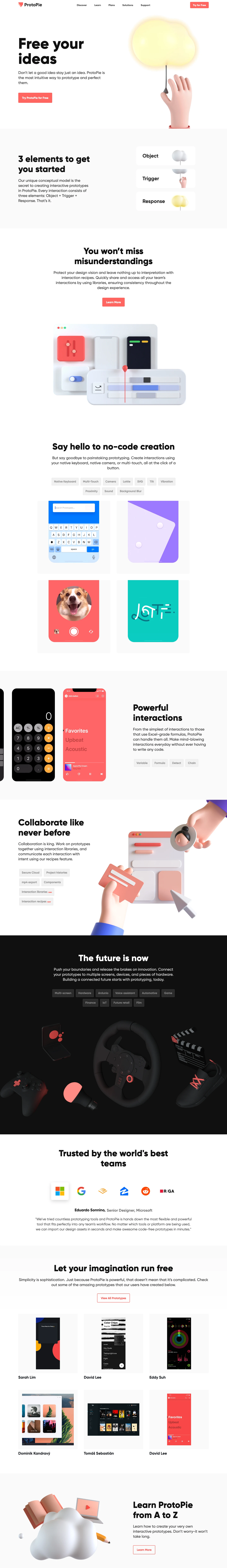 ProtoPie Landing Page Example: Free your ideas. Don’t let a good idea stay just an idea. ProtoPie is the most intuitive way to prototype and perfect them.
