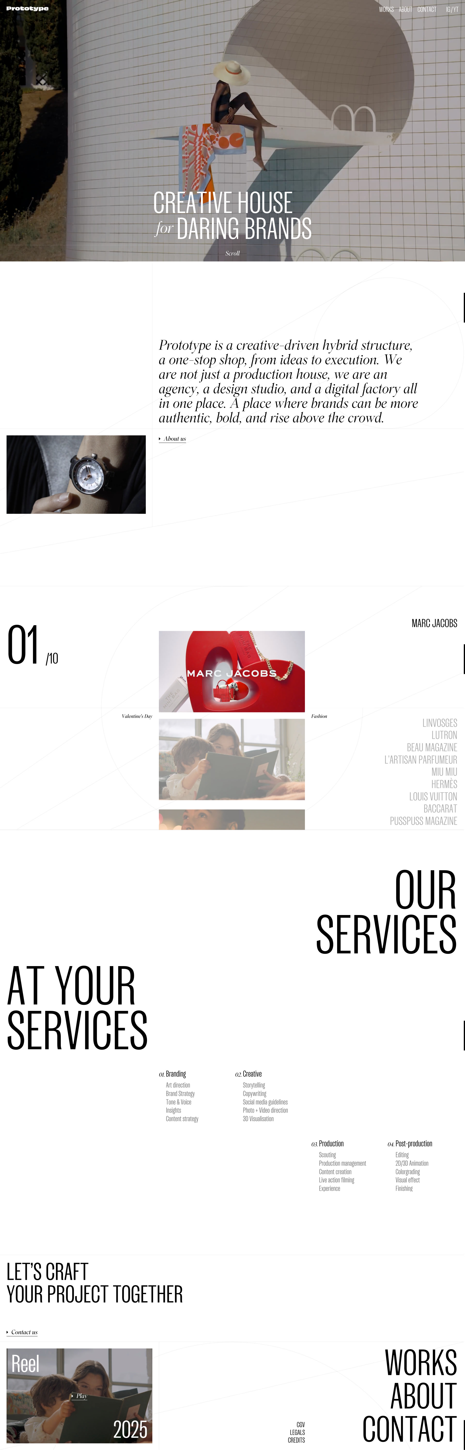 Prototype Landing Page Example: Prototype is a creative-driven hybrid structure, a one-stop shop, from ideas to execution. We are not just a production house, we are an agency, a design studio, and a digital factory all in one place.