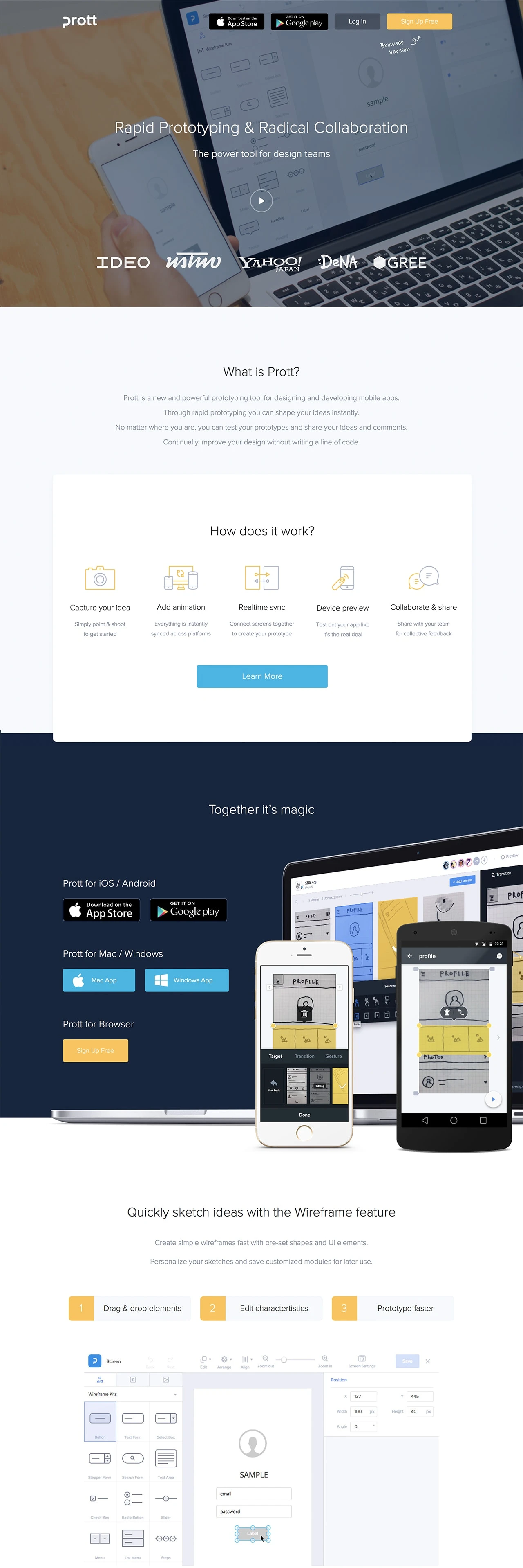 prottapp Landing Page Example: Prott is a free rapid prototyping and radical collaboration tool. Share your ideas and get feedback through easy-to-make interactive prototypes with Prott.