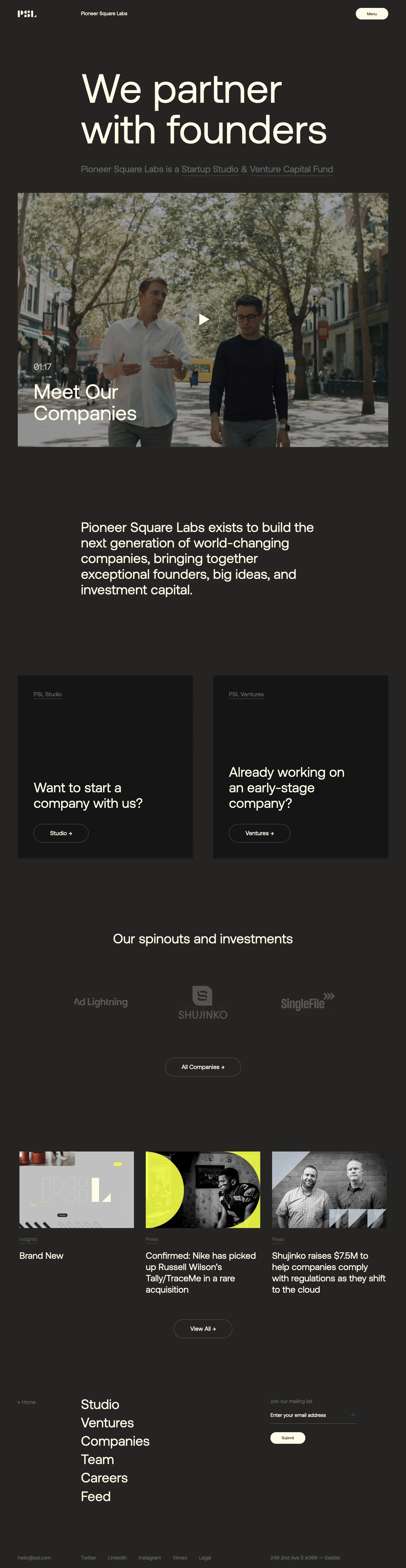 Pioneer Square Labs Landing Page Example: PSL is a startup studio and early-stage venture capital fund in Seattle, WA.
