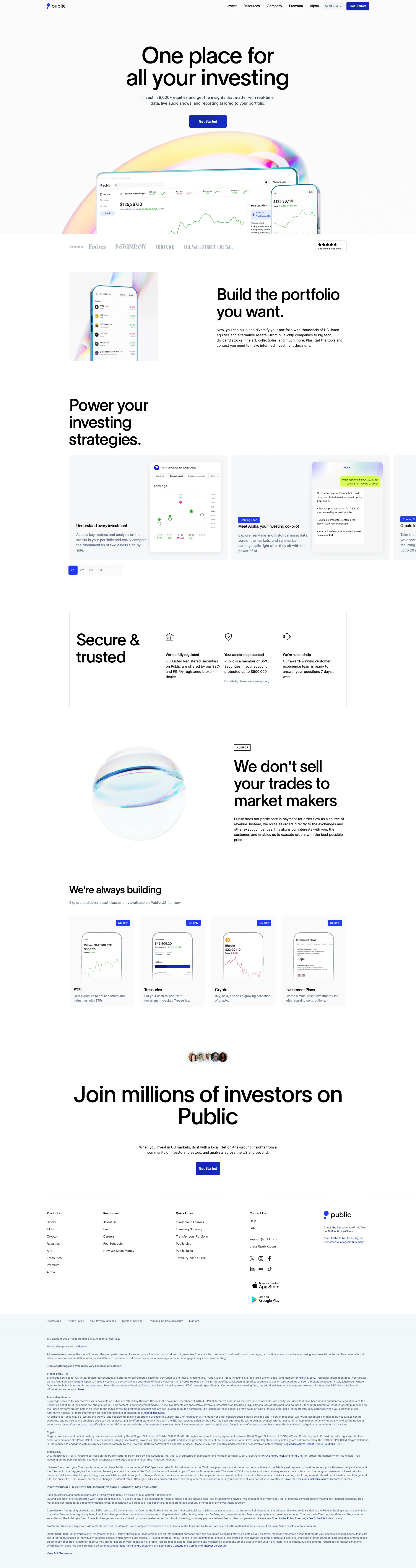 Public Landing Page Example: One place for all your investing. Invest in 9,000+ equities and get the insights that matter with real-time data, live audio shows, and reporting tailored to your portfolio.