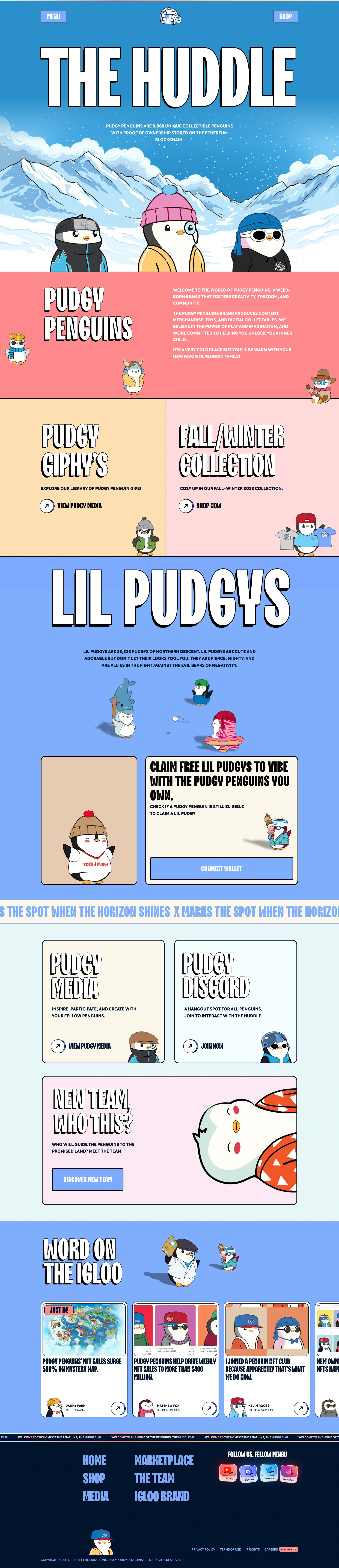 Pudgy Penguins Landing Page Example: Pudgy penguins are 8,888 unique collectible Penguins with proof of ownership stored on the Ethereum blockchain.