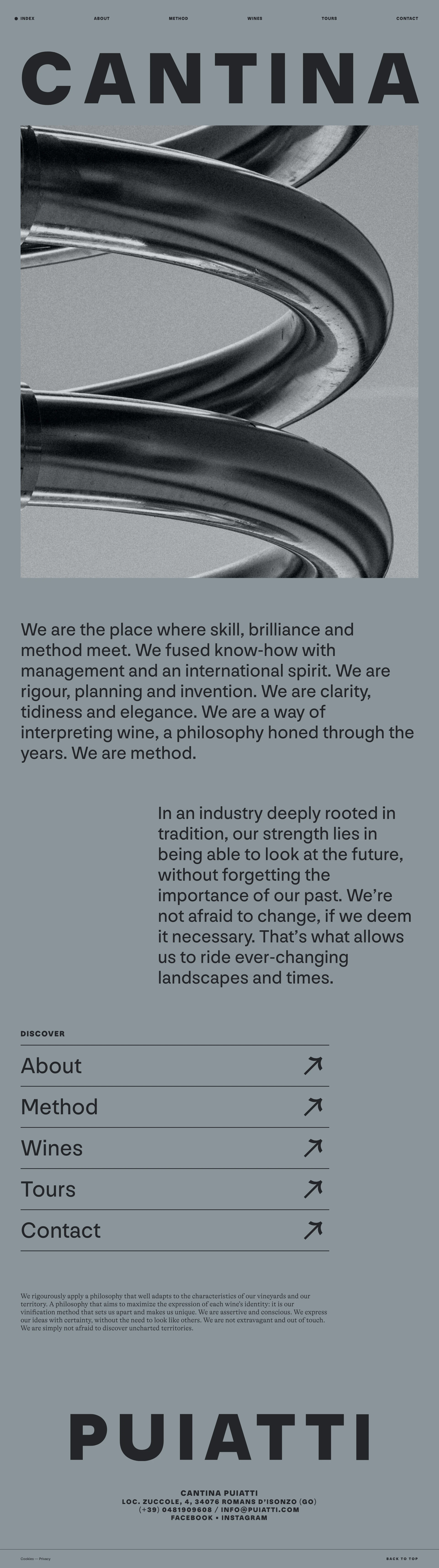 Cantina Puiatti Landing Page Example: Cantina Puiatti is the place where skill, brilliance and method meet. Since 1967, shaping the future of wine without forgetting the past.