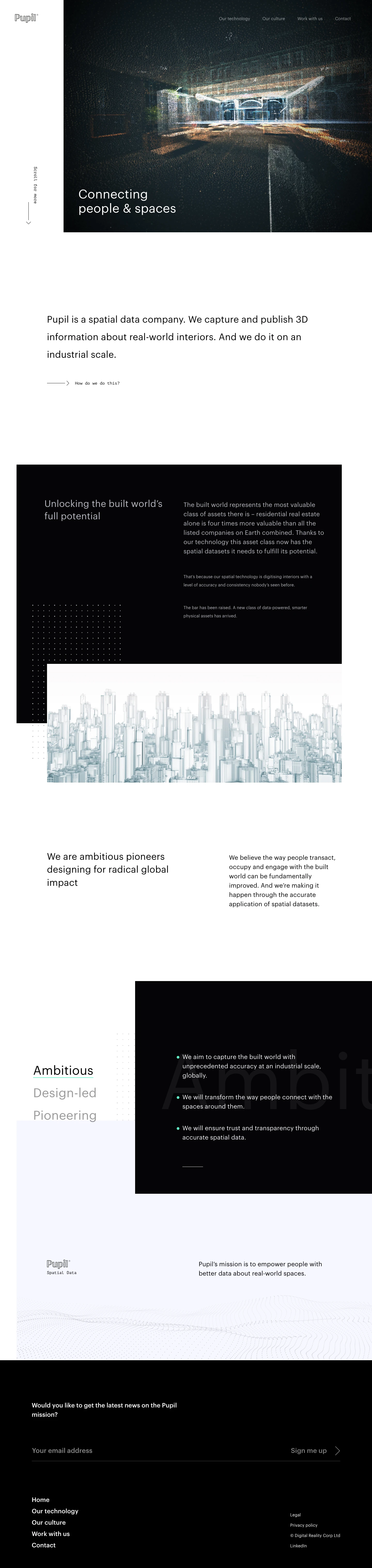 Pupil Landing Page Example: Pupil is a spatial data company. We capture and publish 3D information about real-world interiors. And we do it on an industrial scale.