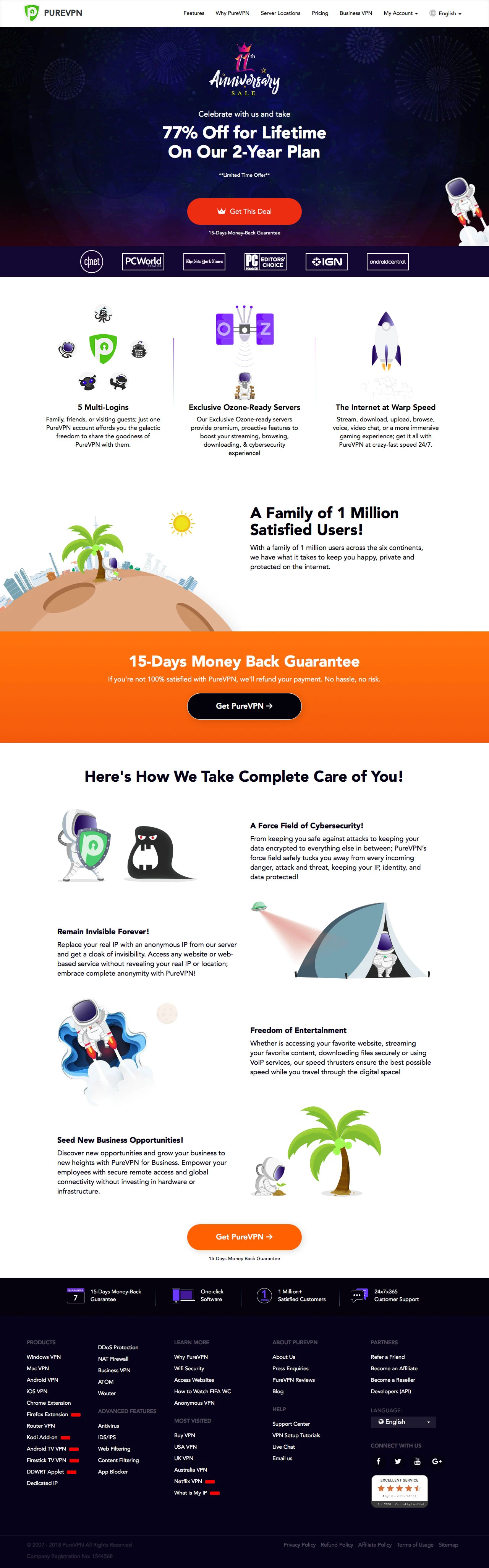 PureVPN Landing Page Example: PureVPN is a VPN service loved by users all over the world. Besides being the most secure and the reliable VPN service, it protects you online with 256-bit encrypted VPN servers strategically deployed in over 140 countries.