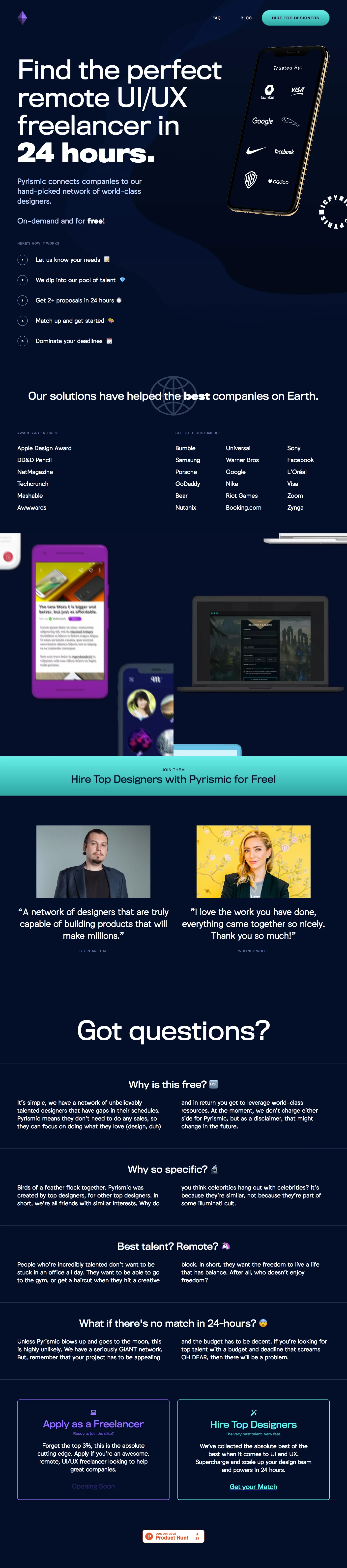 Pyrismic Landing Page Example: Pyrismic connects companies to our hand-picked network of world-class designers. On-demand and for free!