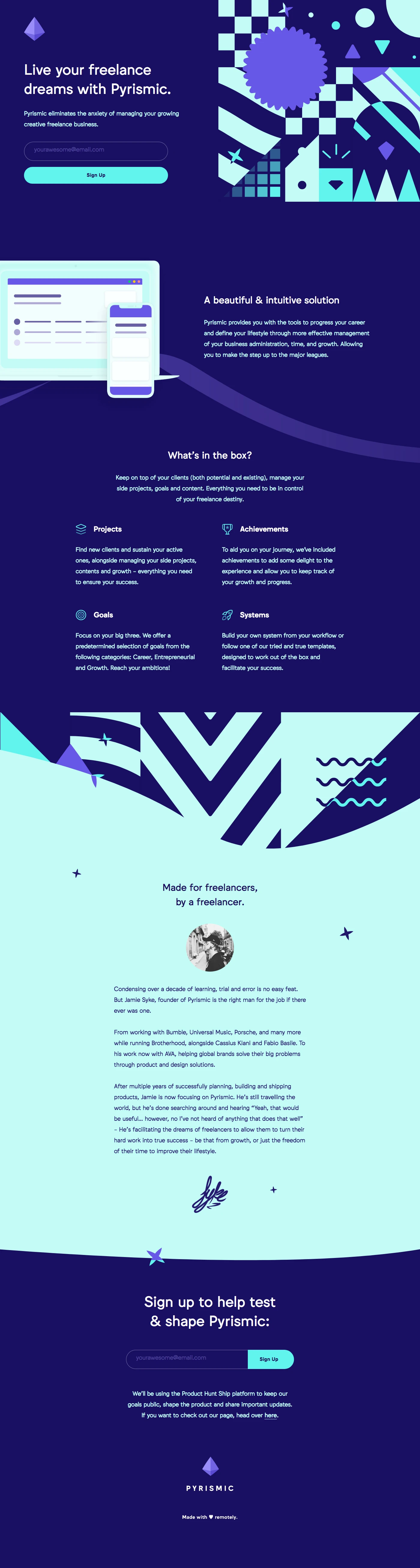 Pyrismic Landing Page Example: Pyrismic allows freelancers to live their dreams by eliminating the anxiety of running and growing their business.