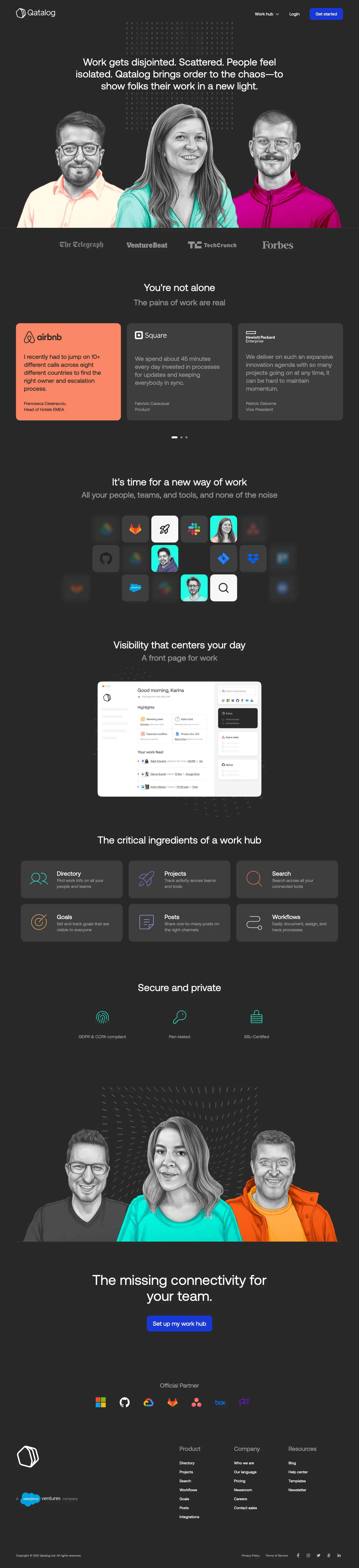 Qatalog Landing Page Example: Connect tools and teams in one digital work hub. Find things quickly, collaborate effectively. Set up your work hub.