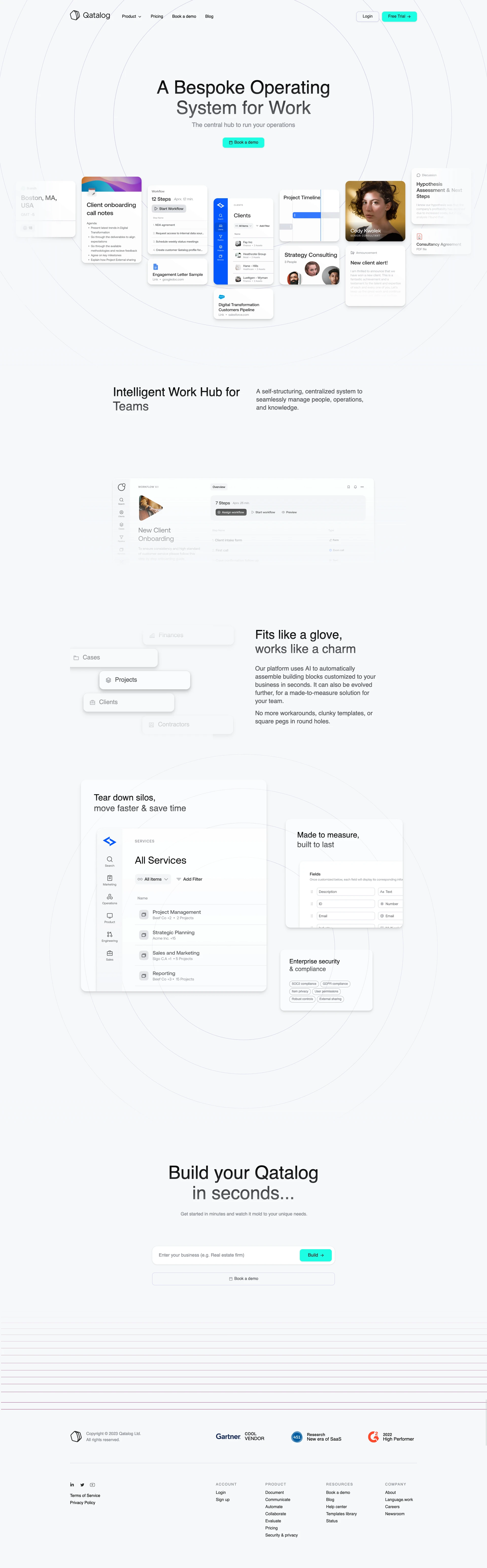 Qatalog Landing Page Example: A Bespoke Operating System for Work. A self-structuring, centralized system to seamlessly manage people, operations, and knowledge.