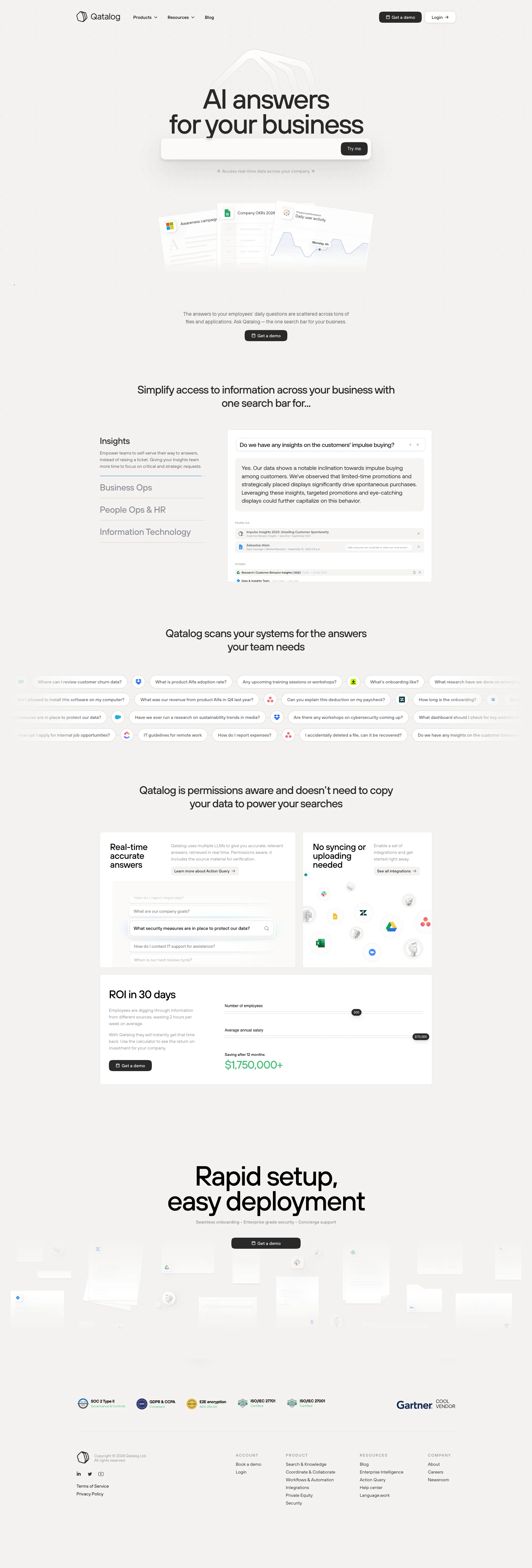 Qatalog Landing Page Example: The answers to your employees’ daily questions are scattered across tons of files and applications. Ask Qatalog — the one search bar for your business.