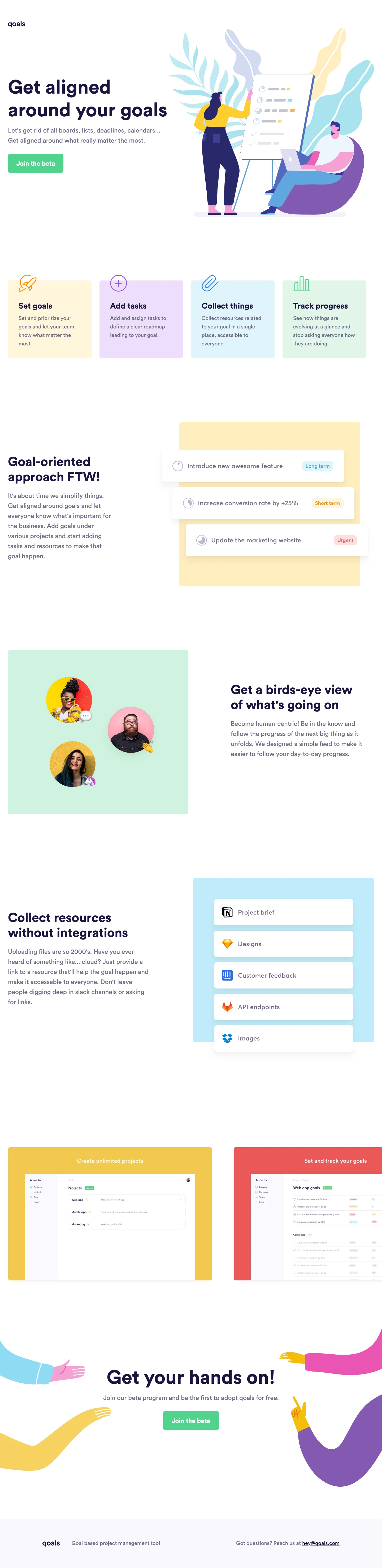 qoals Landing Page Example: Goal based project management tool. Let's get rid of all boards, lists, deadlines, calendars... Get aligned around what really matter the most.