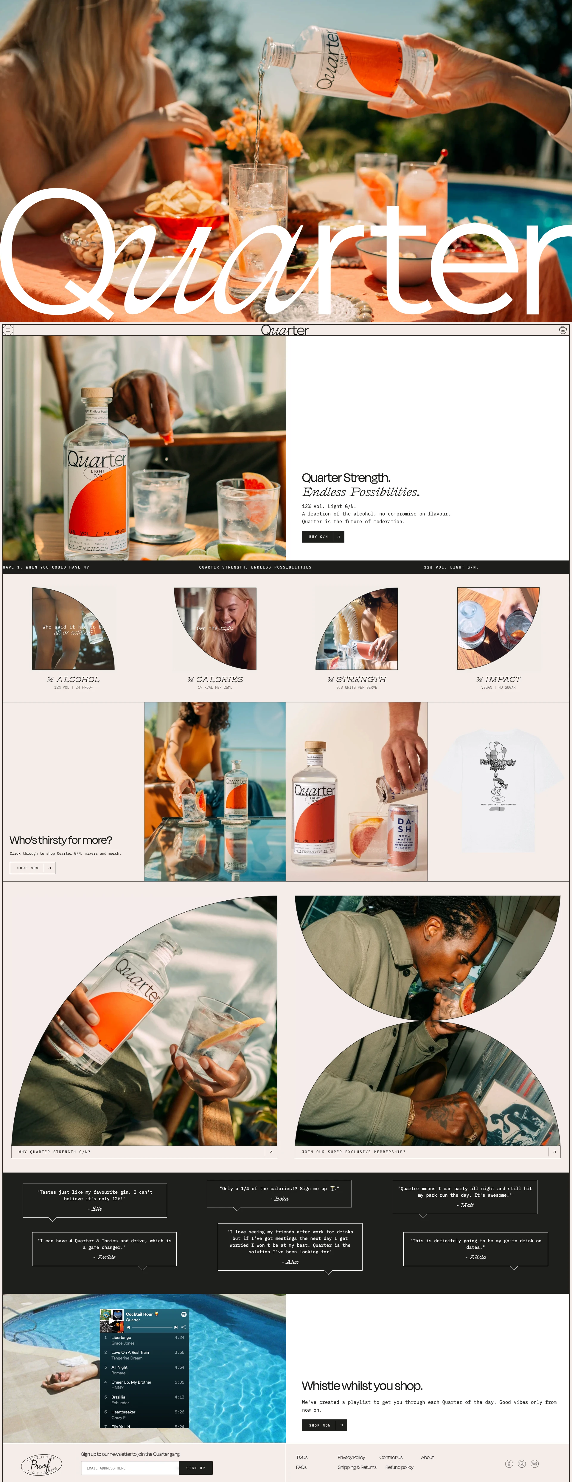 Quarter Landing Page Example: Quarter strength spirits. 1/4 of the booze, 1/4 of the calories, 1/4 of the strength, 1/4 of the impact. Welcome to Light Spirits.