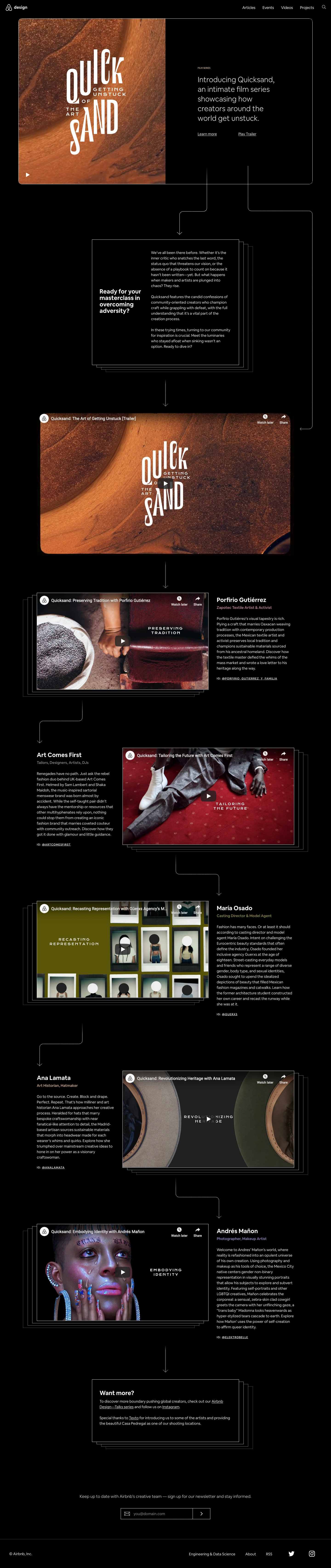 Quicksand Landing Page Example: An intimate film series from Airbnb Design showcasing how creators around the world get unstuck.