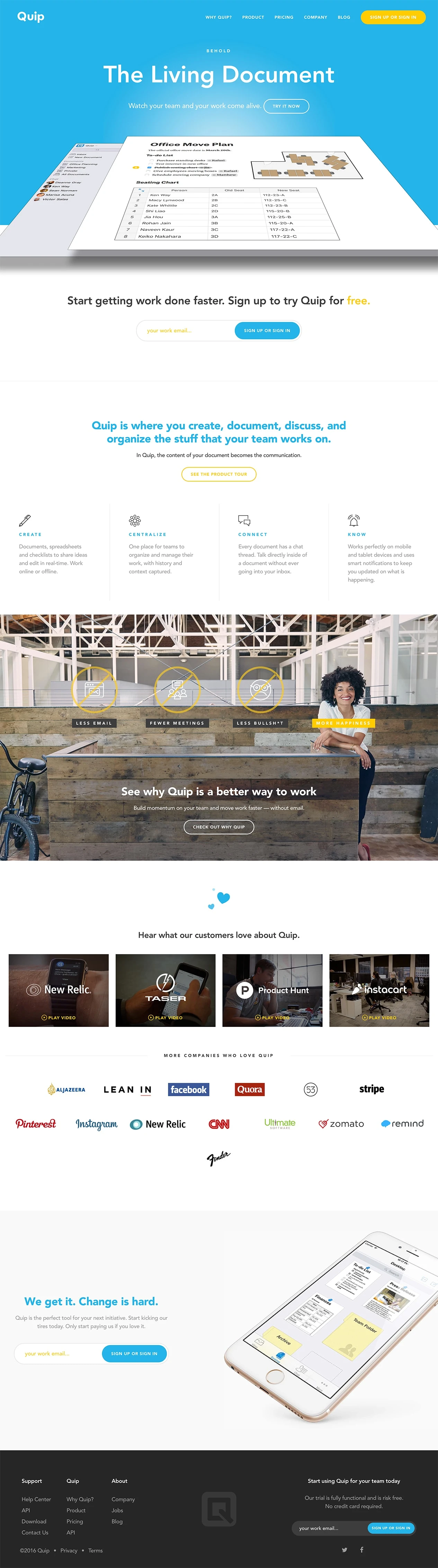 Quip Landing Page Example: Quip is where you create, document, discuss, and organize the stuff that your team works on.