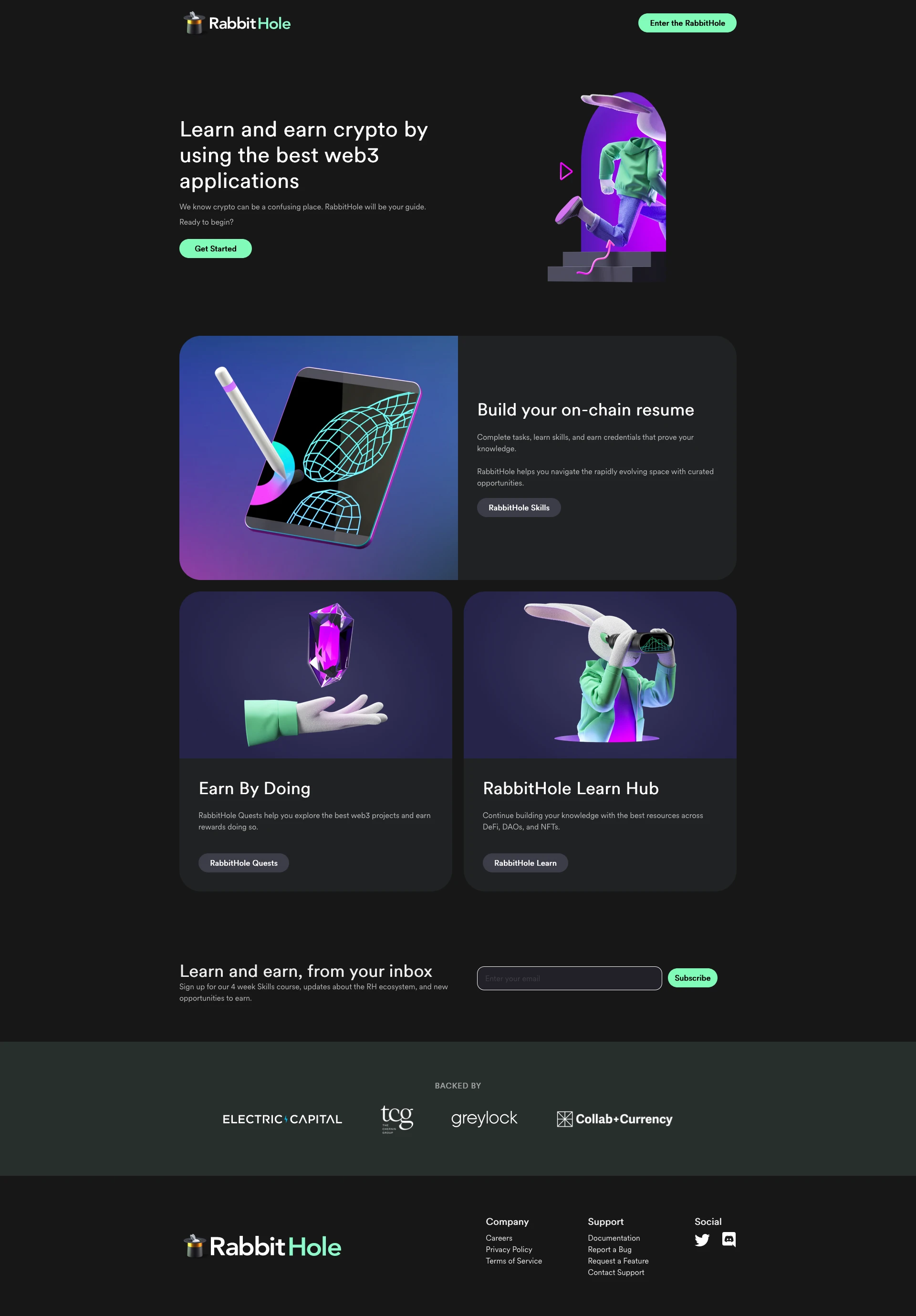 RabbitHole Landing Page Example: Gain access to earning opportunities while learning about the best apps in web3.