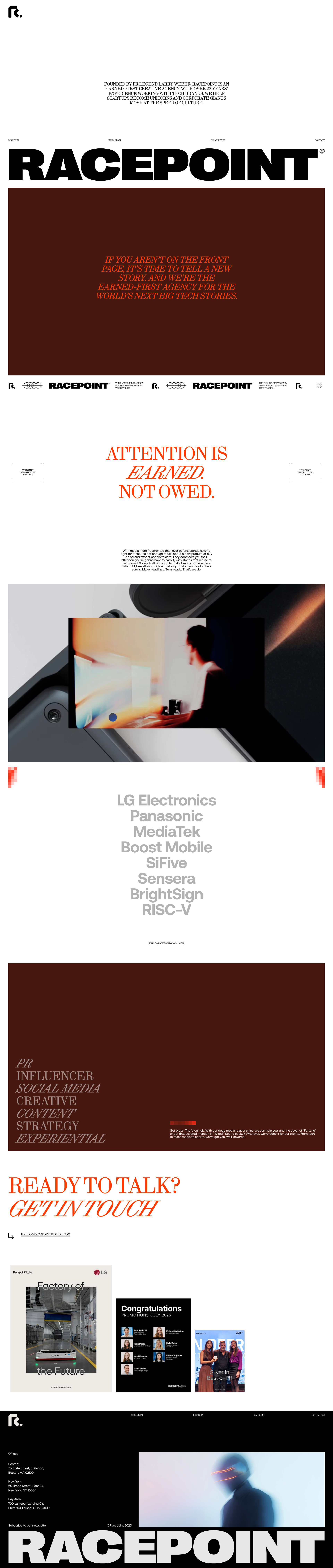 Racepoint Landing Page Example: Racepoint is an earned-first creative agency. With over 22 years’ experience working with tech brands, we help startups become unicorns and corporate giants move at the speed of culture.