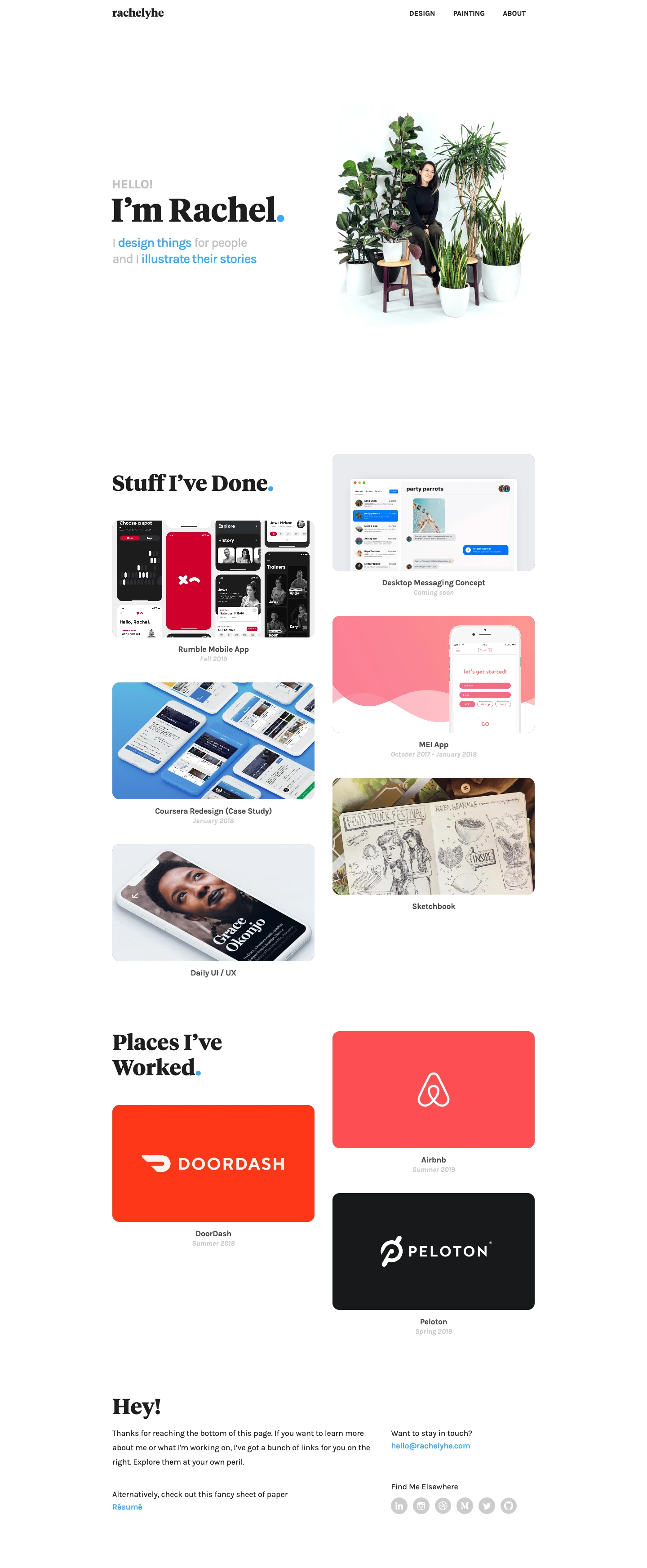 Rachel He Landing Page Example: Rachel He is a digital product designer working in NYC. She has a background in illustration as well as computer science.