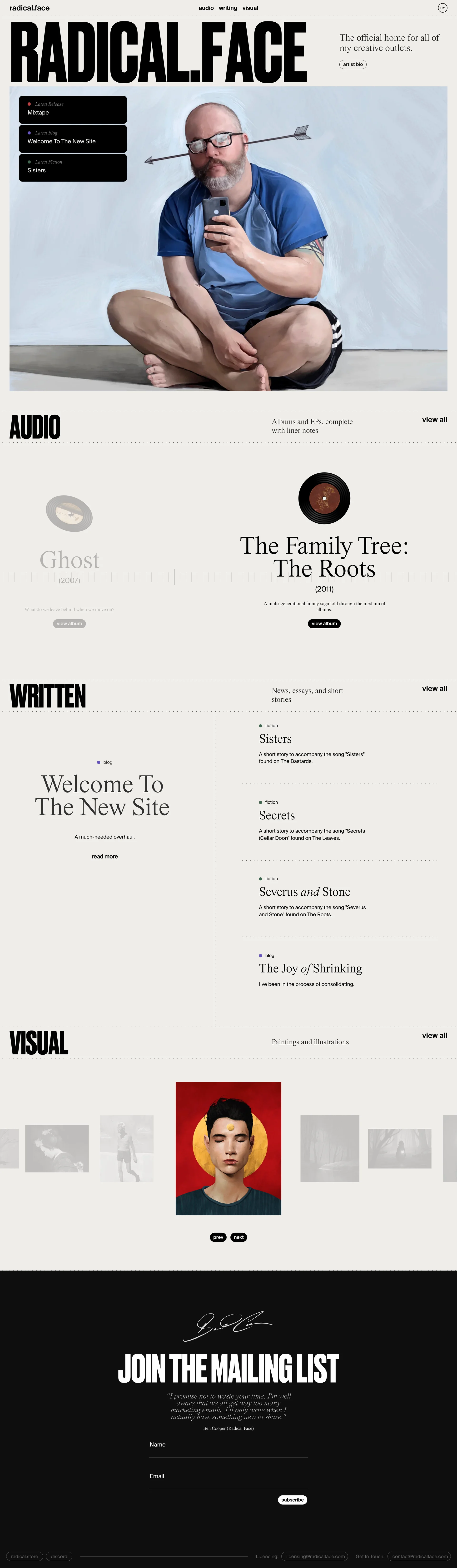 Radical Face Landing Page Example: Discover Radical Face: Complete discography, tour dates, news, short fiction, and artwork from indie folk artist Ben Cooper—where haunting melodies meet powerful storytelling.