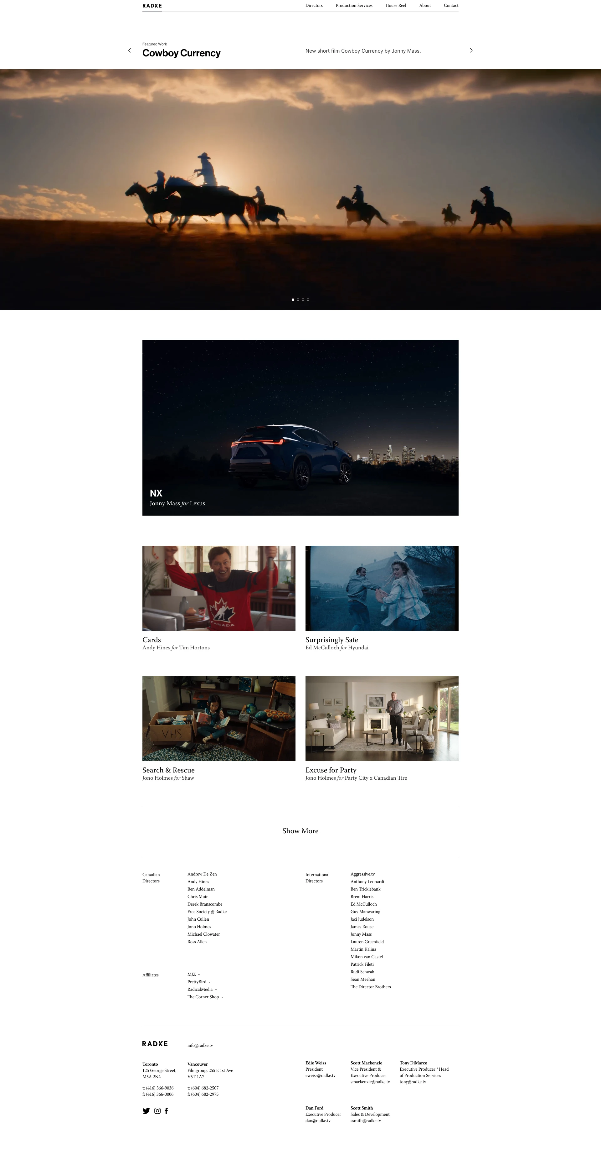 Radke Landing Page Example: Established in 1992 as a small, one director shop, Radke has evolved to become one of the preeminent production companies in the world.