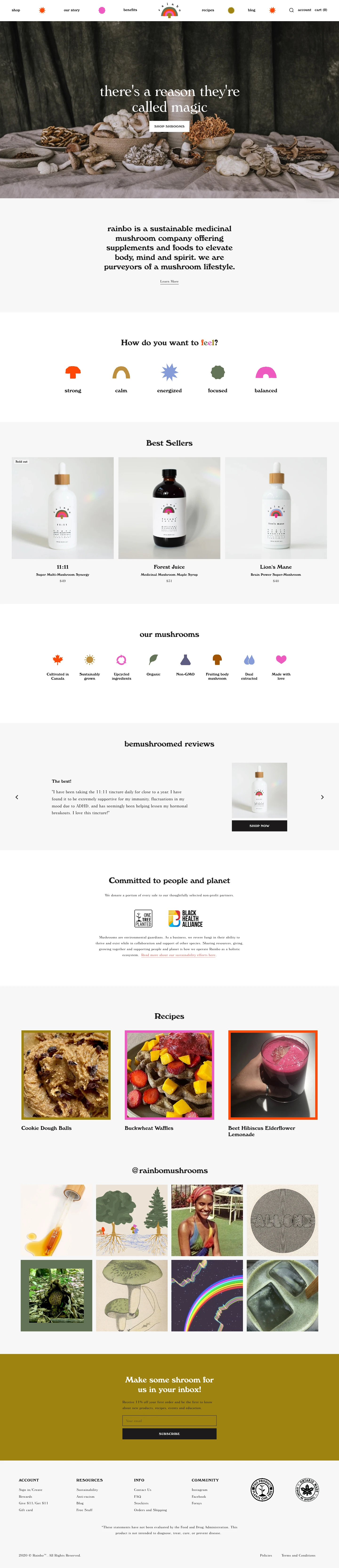 Rainbo Landing Page Example: Rainbo is a sustainable medicinal mushroom company offering supplements and foods to elevate body, mind and spirit. we are purveyors of a mushroom lifestyle.