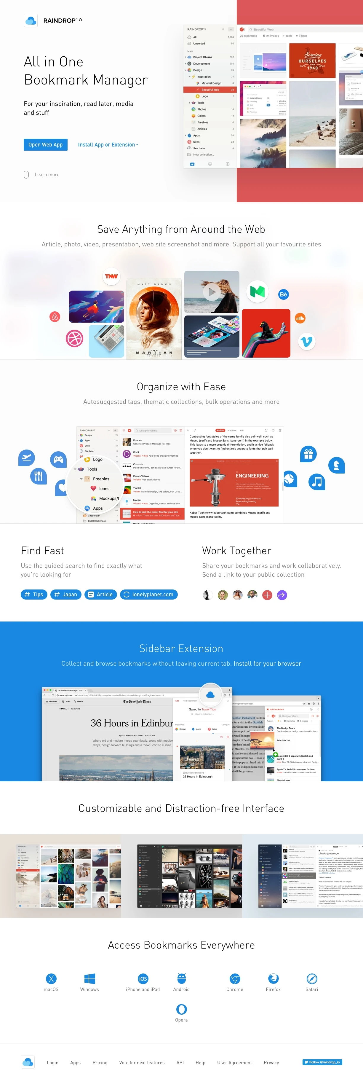 Raindrop Landing Page Example: All in One Bookmark Manager. For your inspiration, read later, media and stuff.