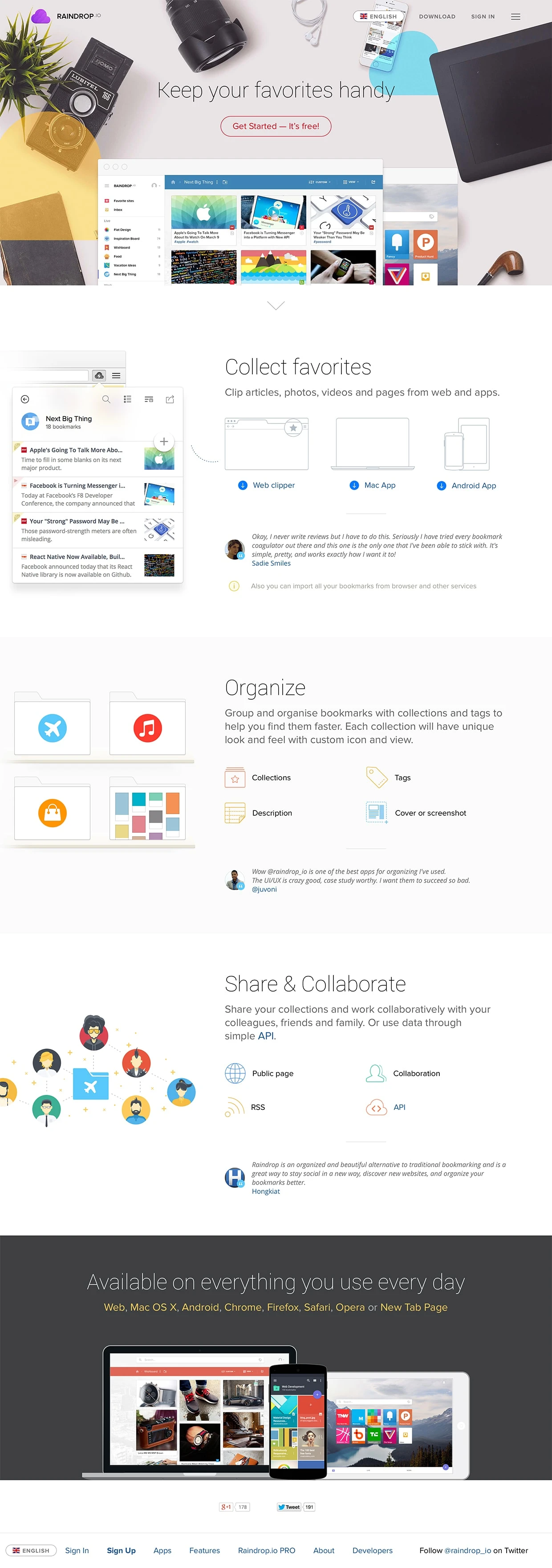 Raindrop.io Landing Page Example: Feature-rich, attractive and easy-to-use bookmarking app