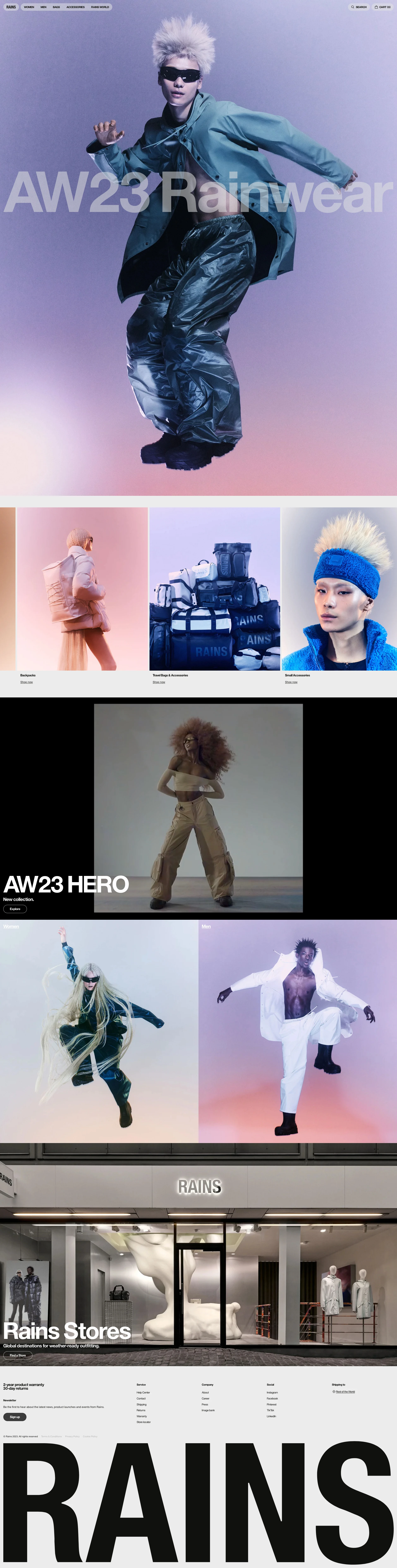 Rains Landing Page Example: Rains is an outerwear lifestyle brand. Its collections blend a conceptual-meets-functional design approach, a strong urban inspiration, and a signature fabric identity. A coated waterproof fabric palette inspired by Rains’ first design – a contemporary reinterpretation of the classic rubber raincoat. Rains brings its neo-Scandinavian aesthetic, unisex collections, and consistently surprising curation to consumers across four continents.
